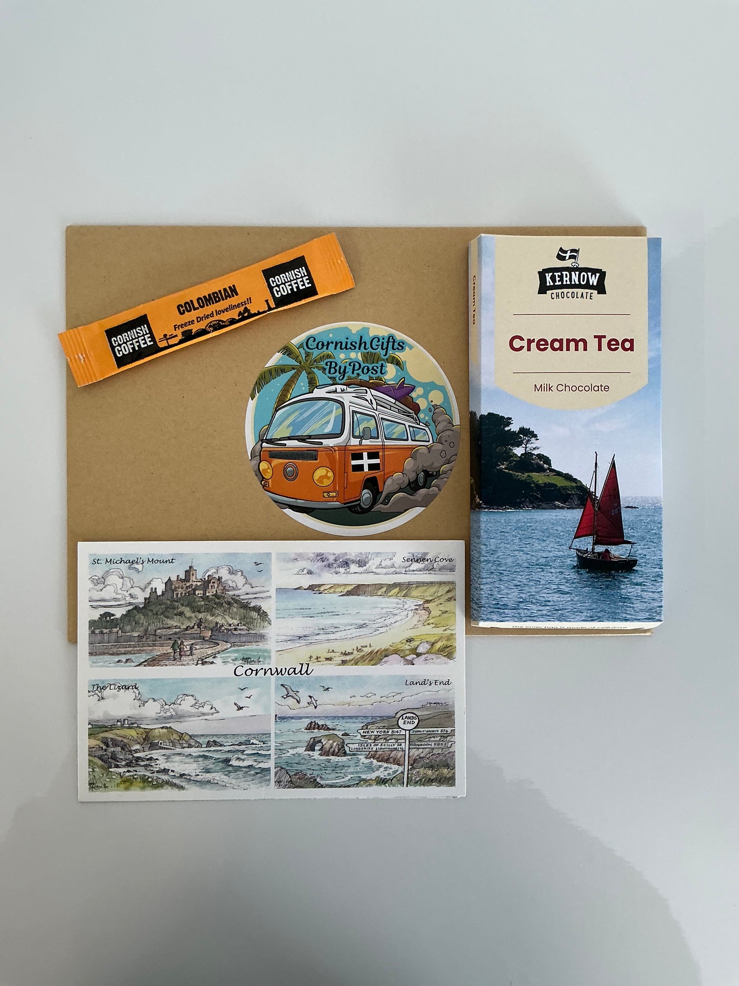 Cream tea chocolate with tea or coffee and a personalised Cornwall postcard