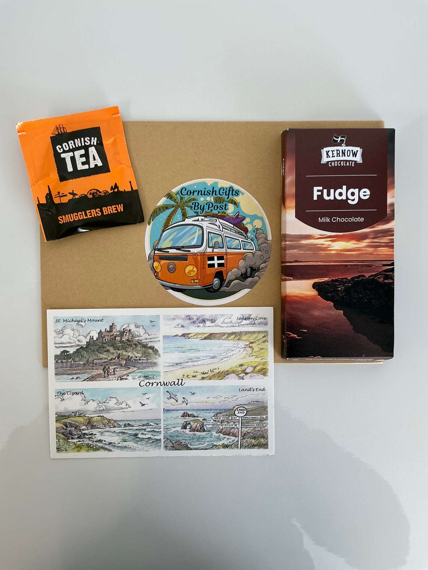 Fudge chocolate with tea or coffee and a personalised Cornwall postcard