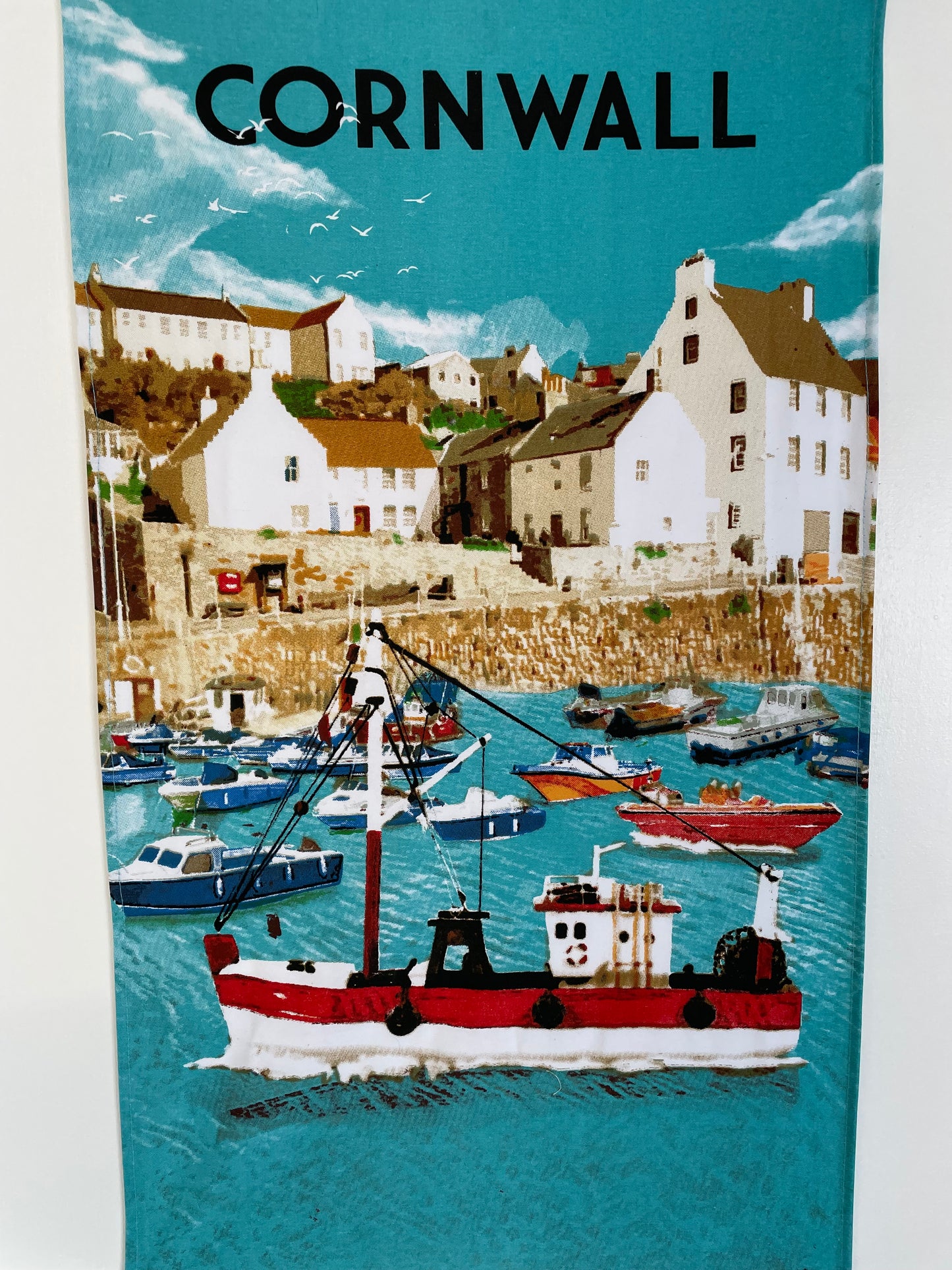 Cornwall tea towel with a personalised Cornwall postcard