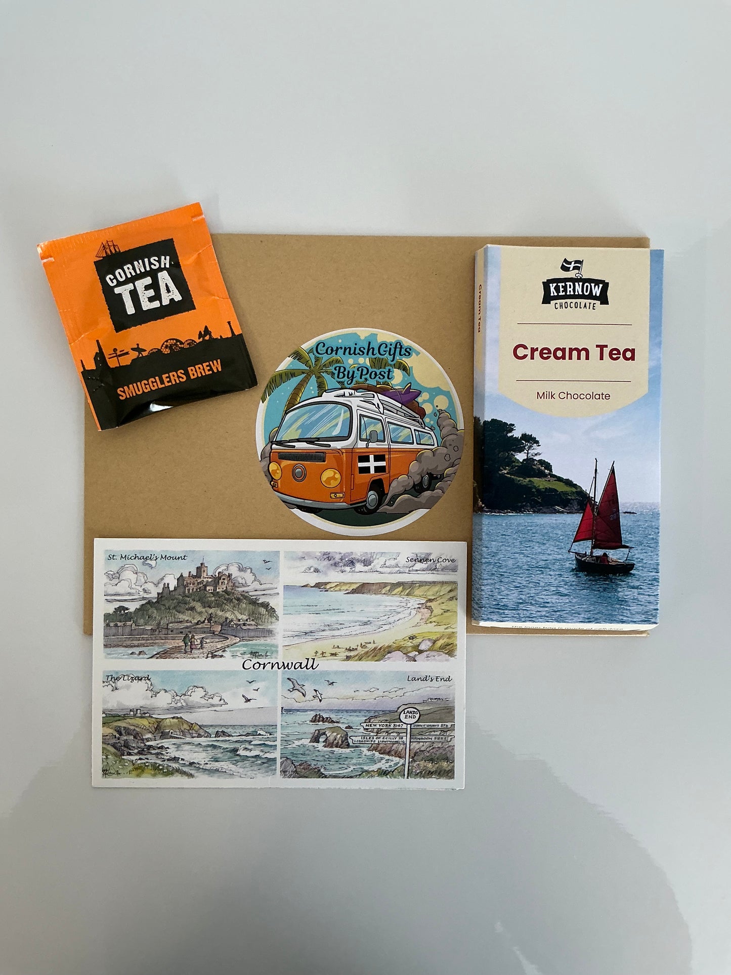 Cream tea chocolate with tea or coffee and a personalised Cornwall postcard