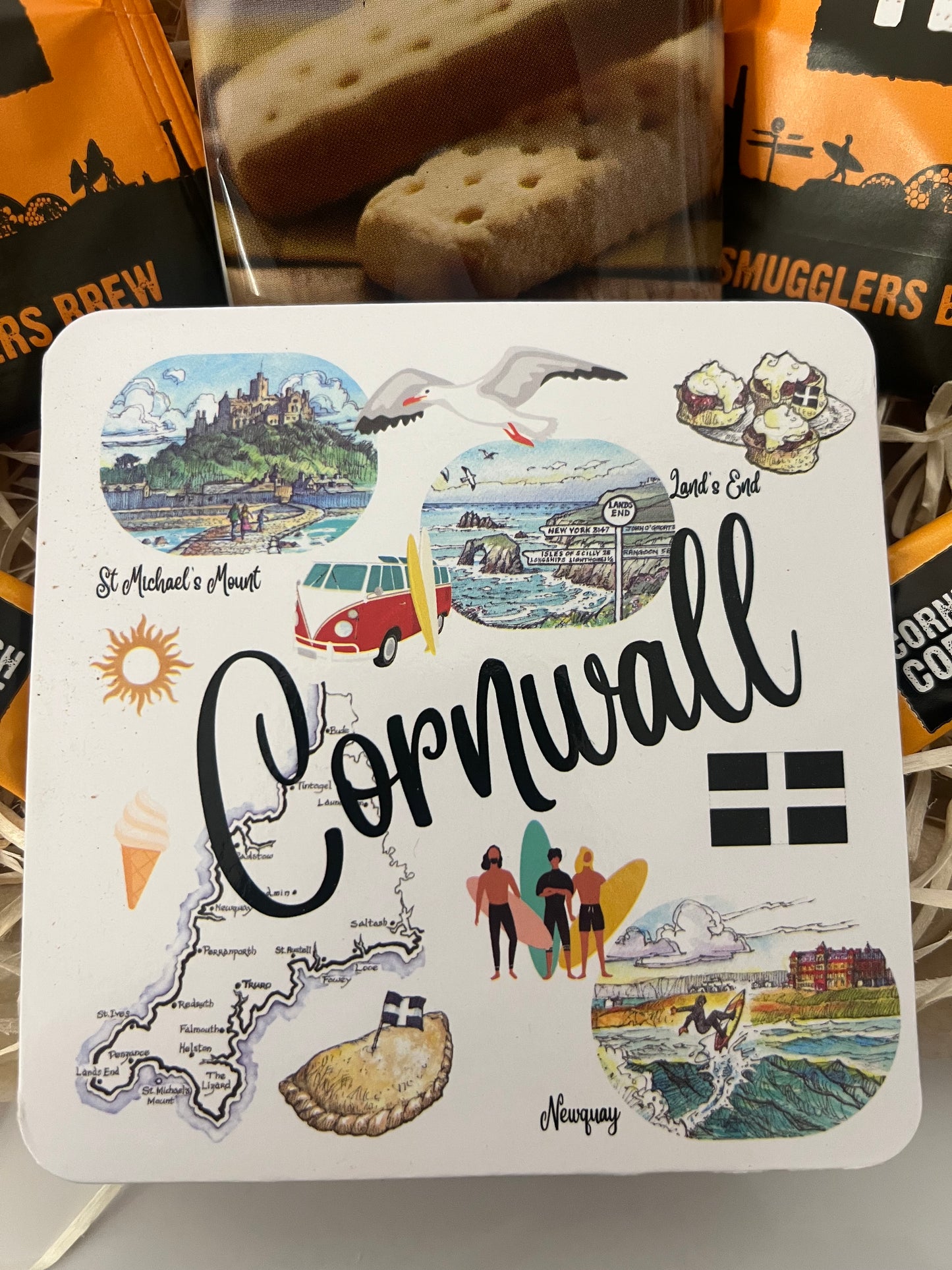 Cornwall landmarks map coaster with Cornish shortbread gift box