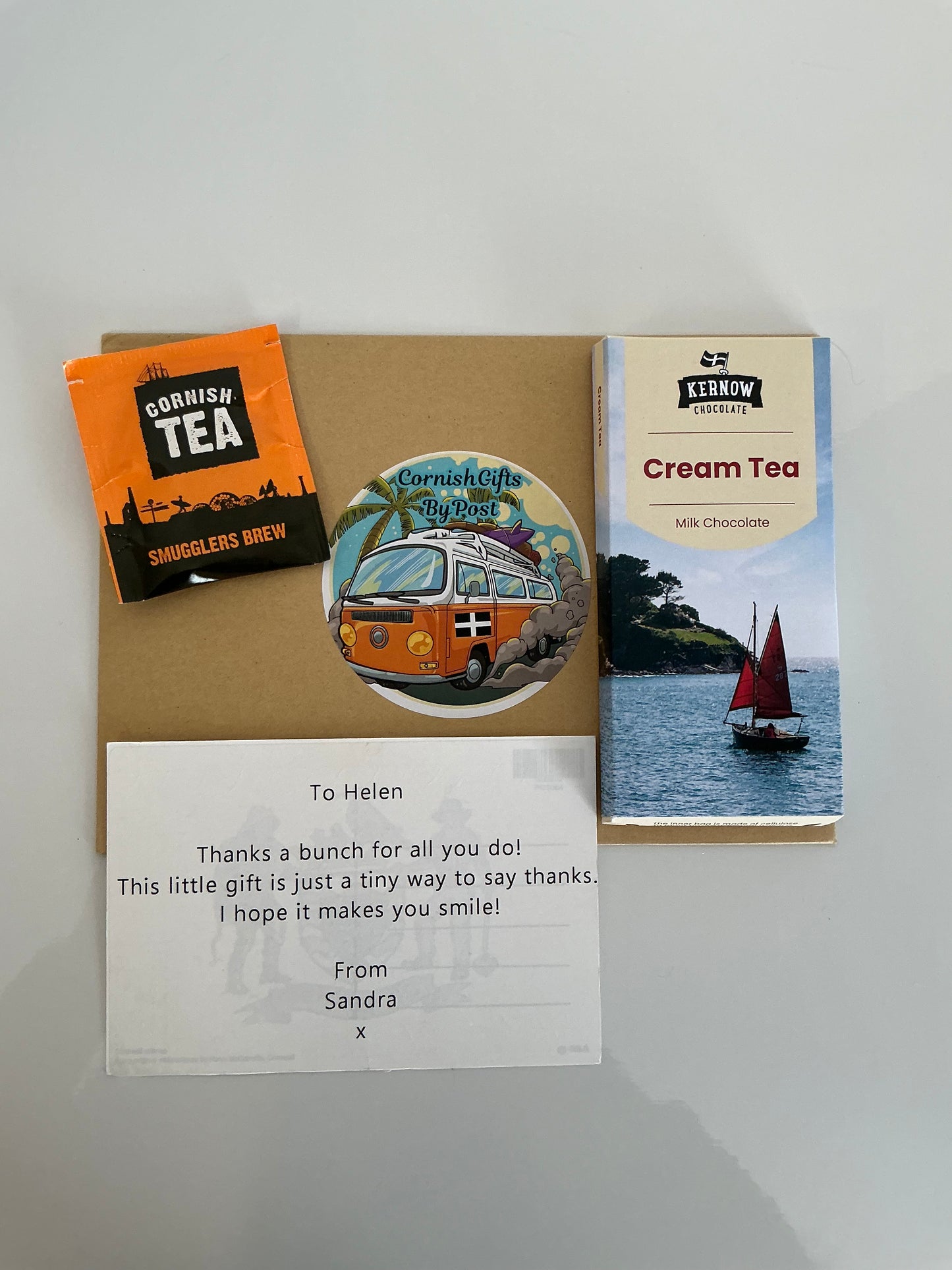 Cream tea chocolate with tea or coffee and a personalised Cornwall postcard
