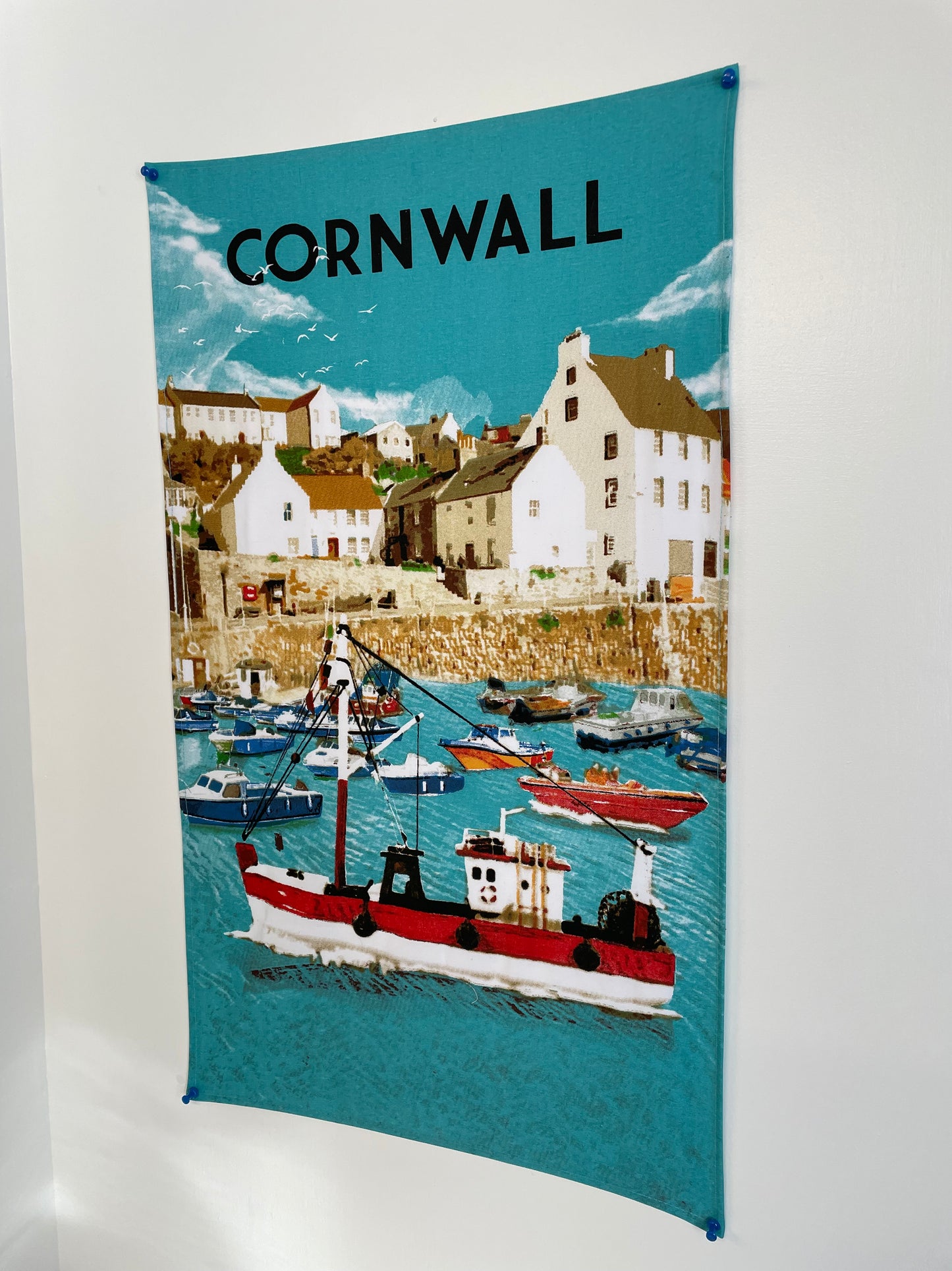 Cornwall tea towel with a personalised Cornwall postcard