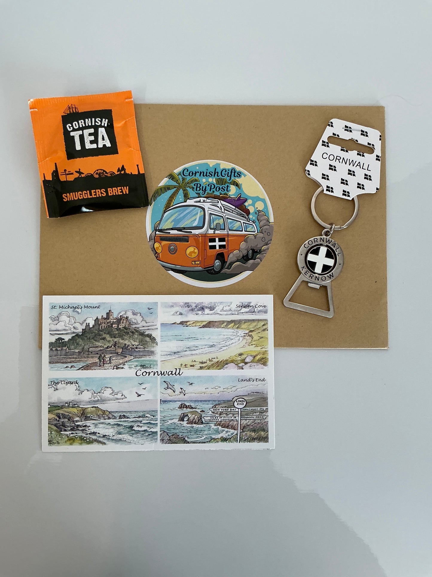 Cornwall bottle opener Keyring with tea or coffee and a personalised Cornwall postcard