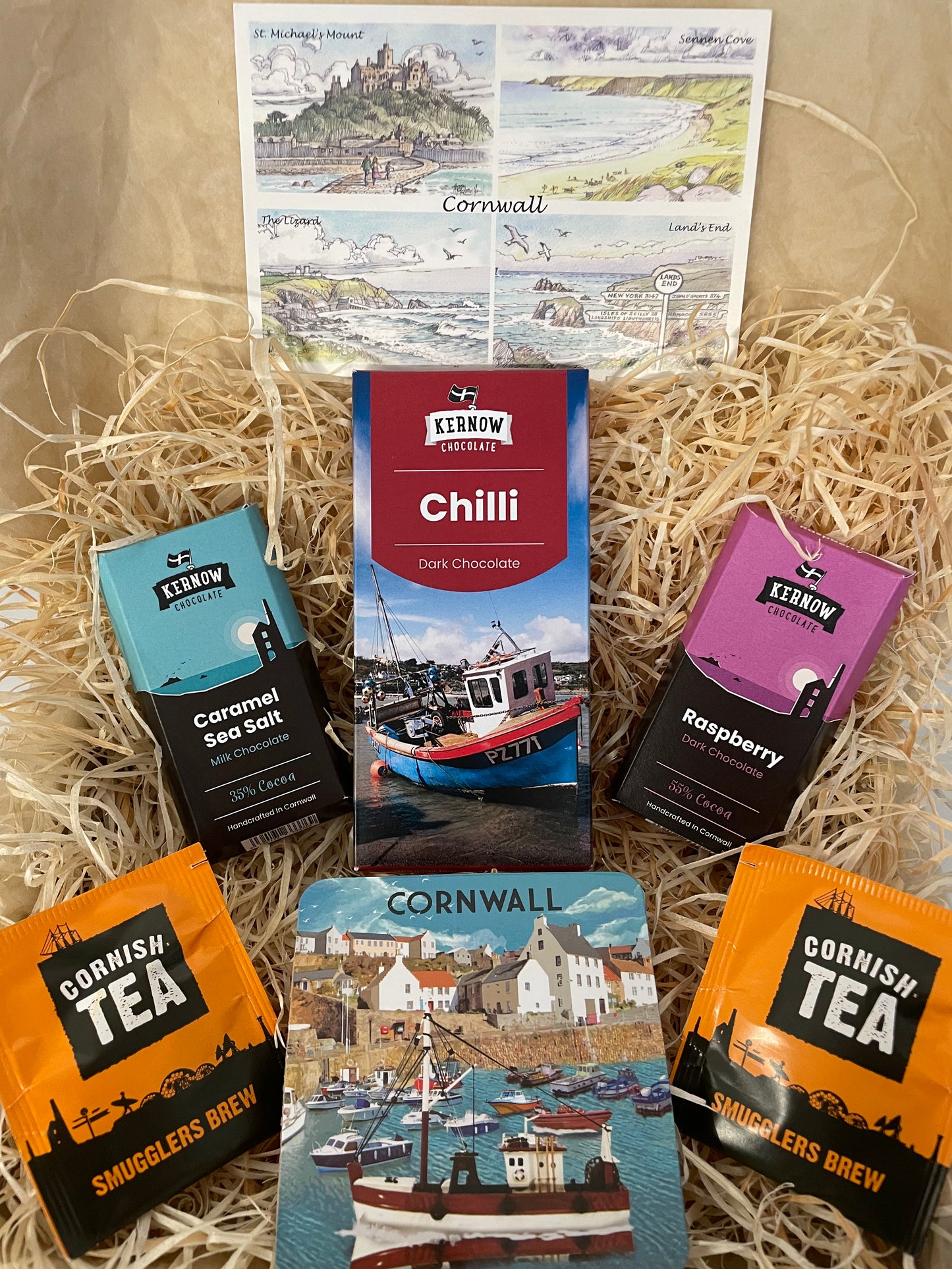 Chilli dark chocolate and raspberry dark chocolate with caramel sea salt chocolate gift box, with cup coaster of your choice