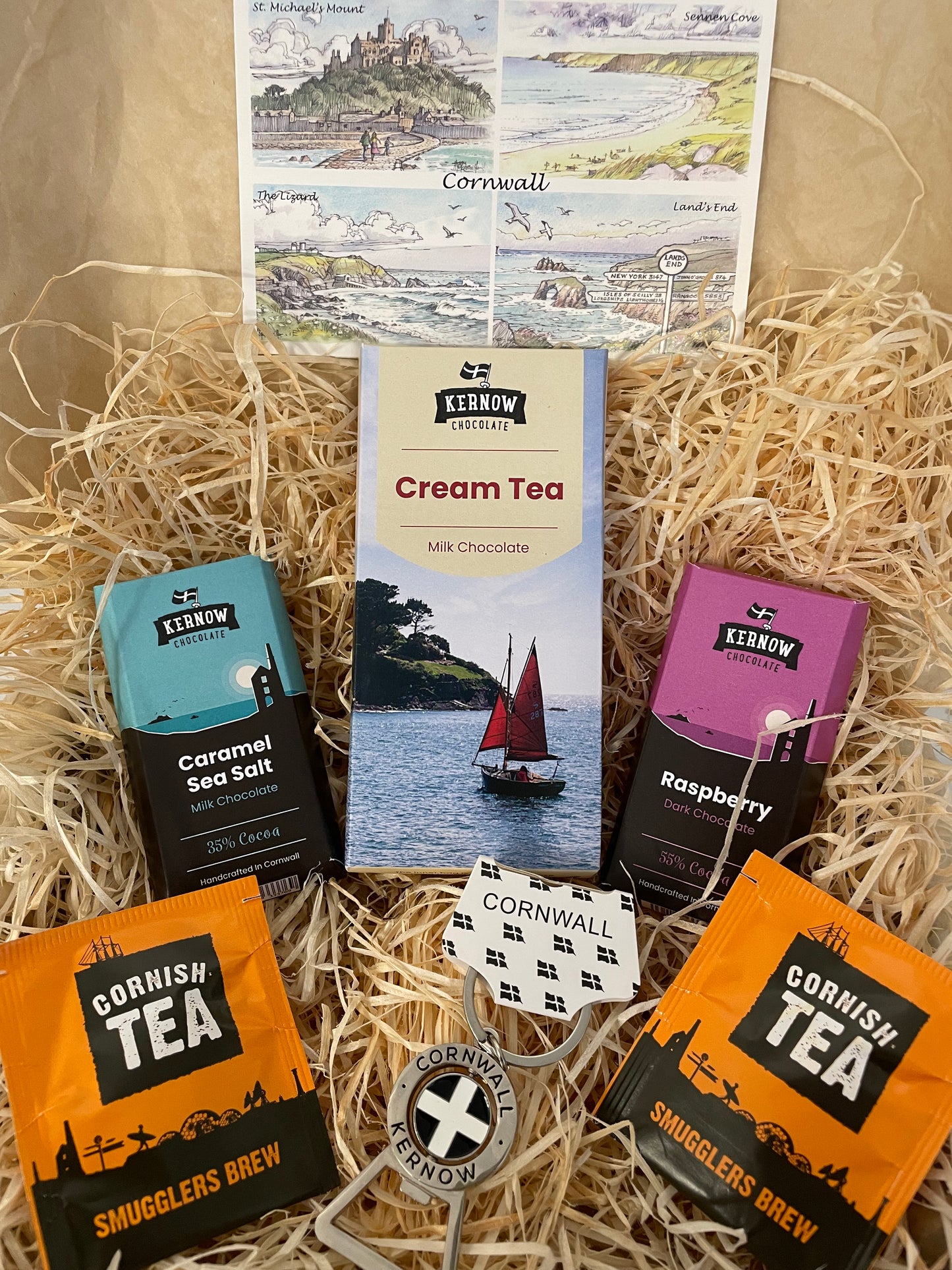 Cream tea chocolate with raspberry dark chocolate and caramel sea salt chocolate gift box, with keyring bottle opener