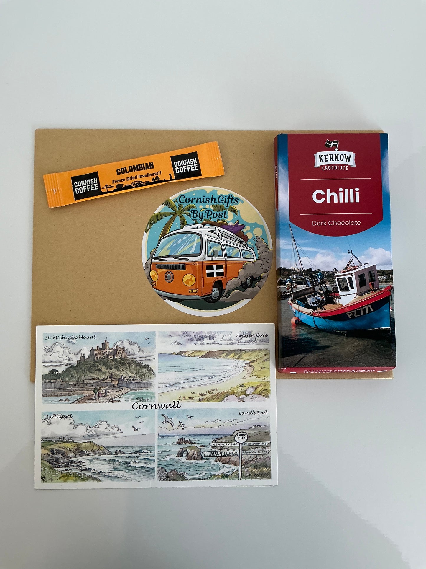 Chilli dark chocolate with tea or coffee and a personalised Cornwall postcard