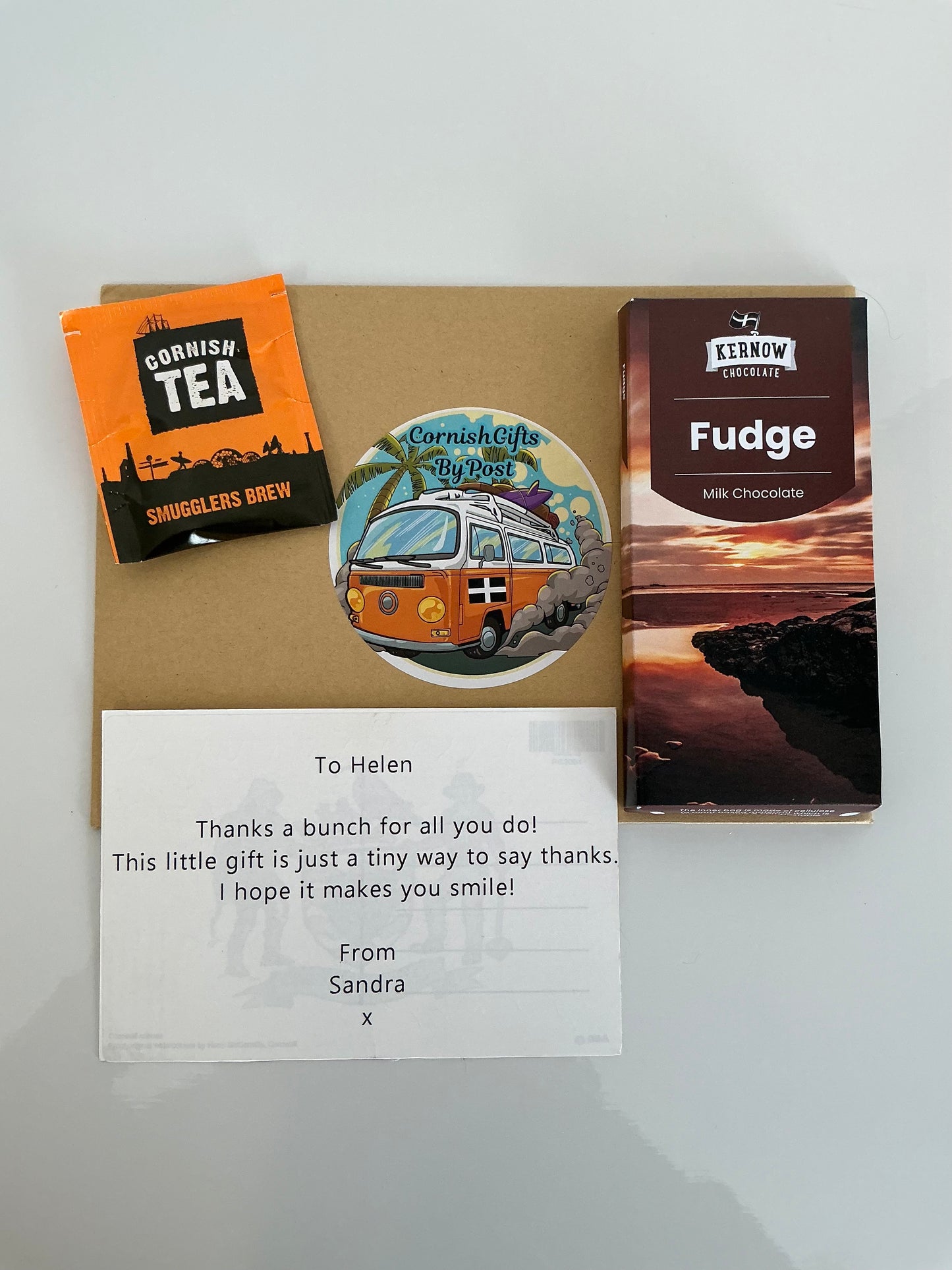 Fudge chocolate with tea or coffee and a personalised Cornwall postcard