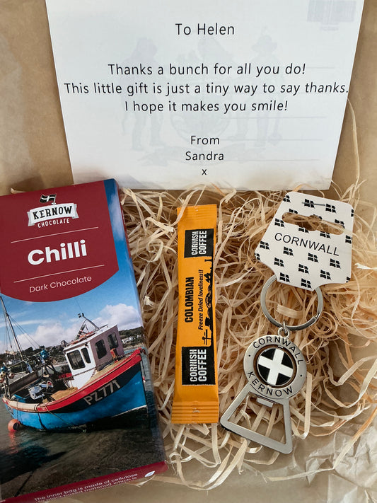 Cornwall bottle opener key ring with chilli chocolate gift box