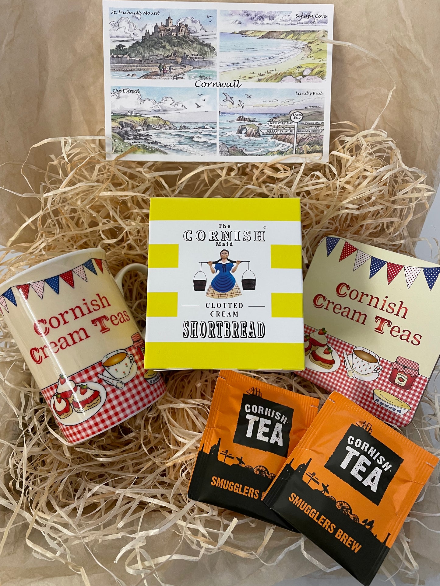 Cornish Cream tea mug and coaster set with Clotted cream shortbread, with a choice of fridge magnet