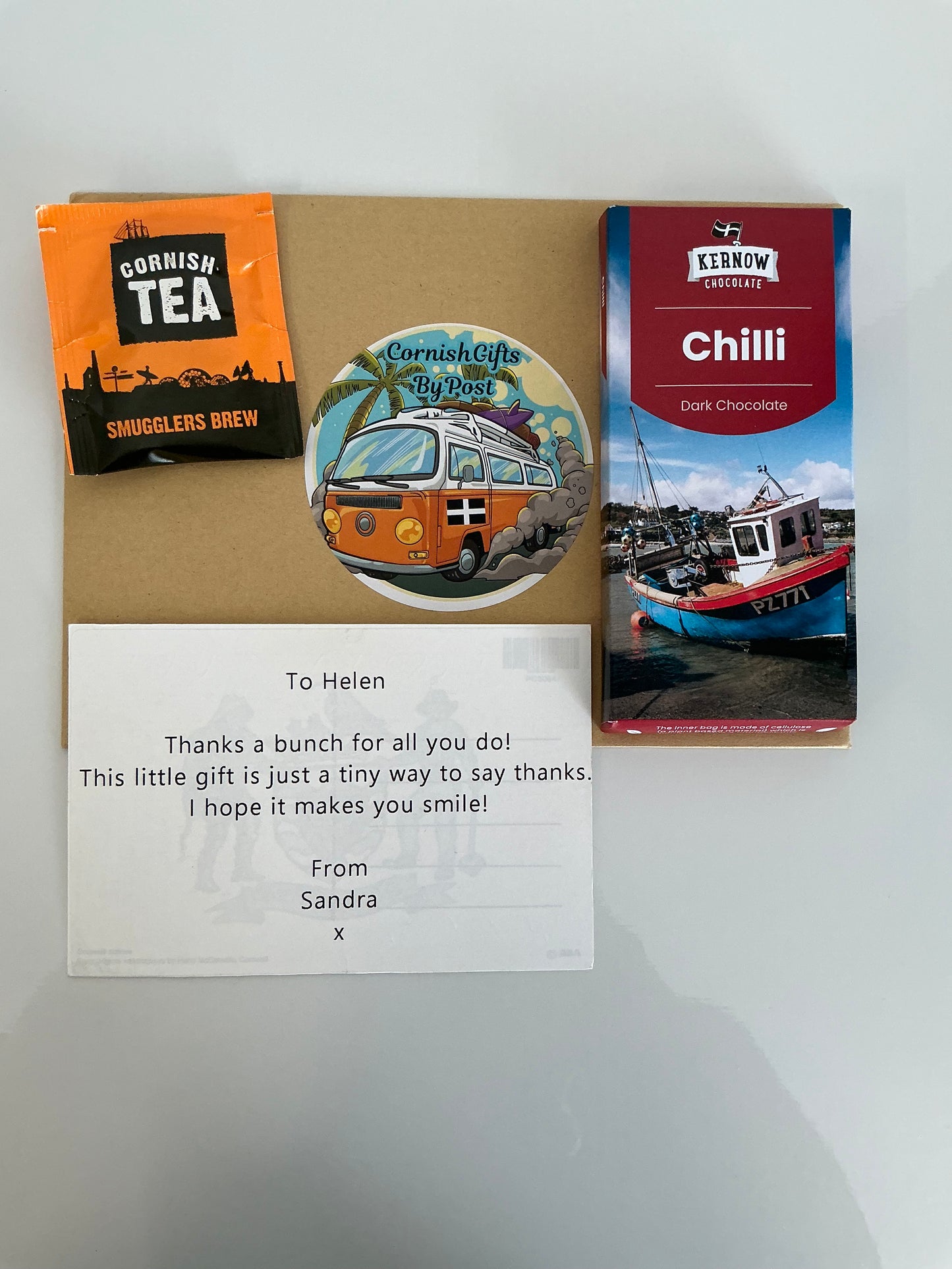 Chilli dark chocolate with tea or coffee and a personalised Cornwall postcard