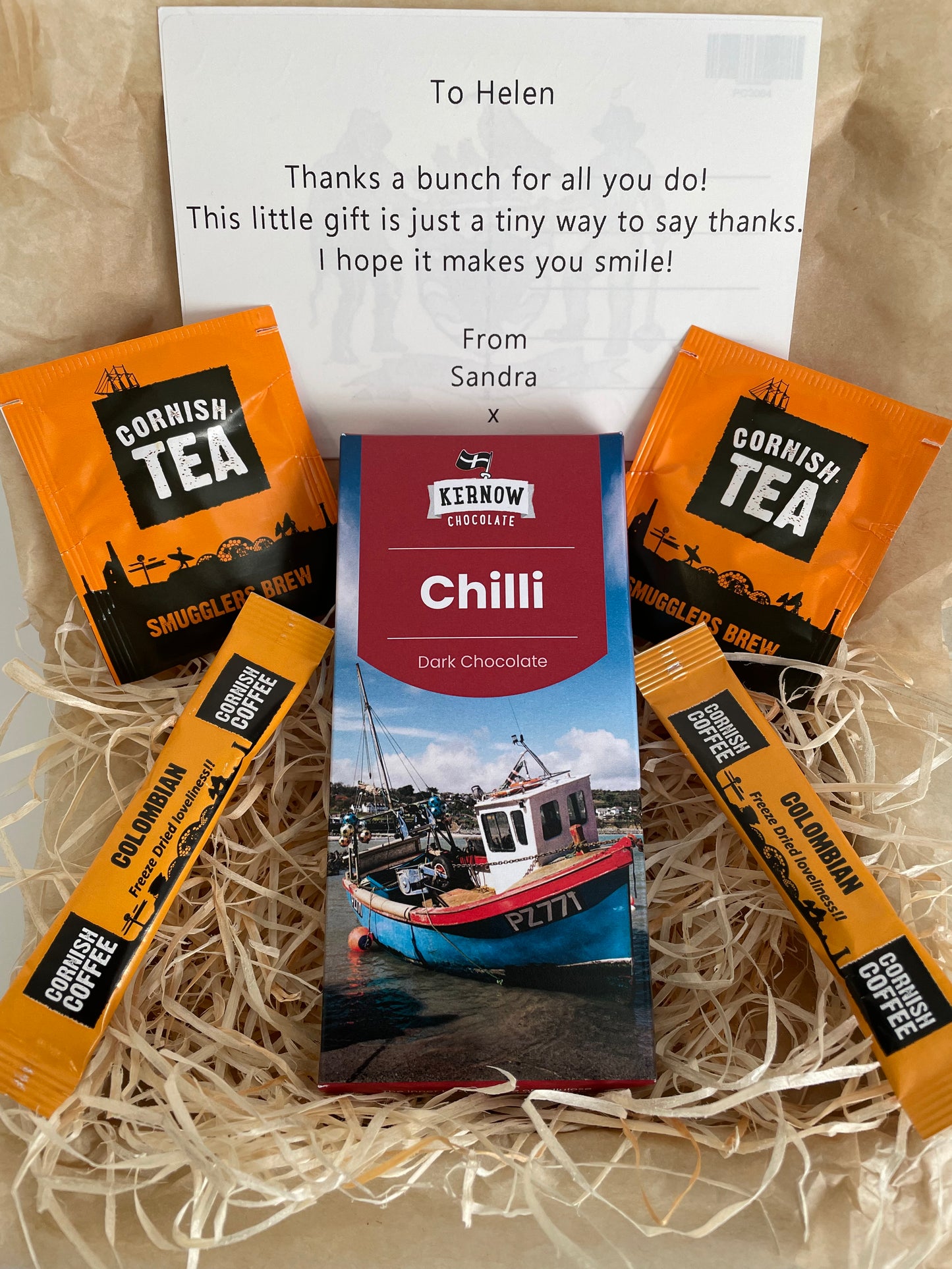 Cornish Chilli dark chocolate with Cornish tea or coffee gift box