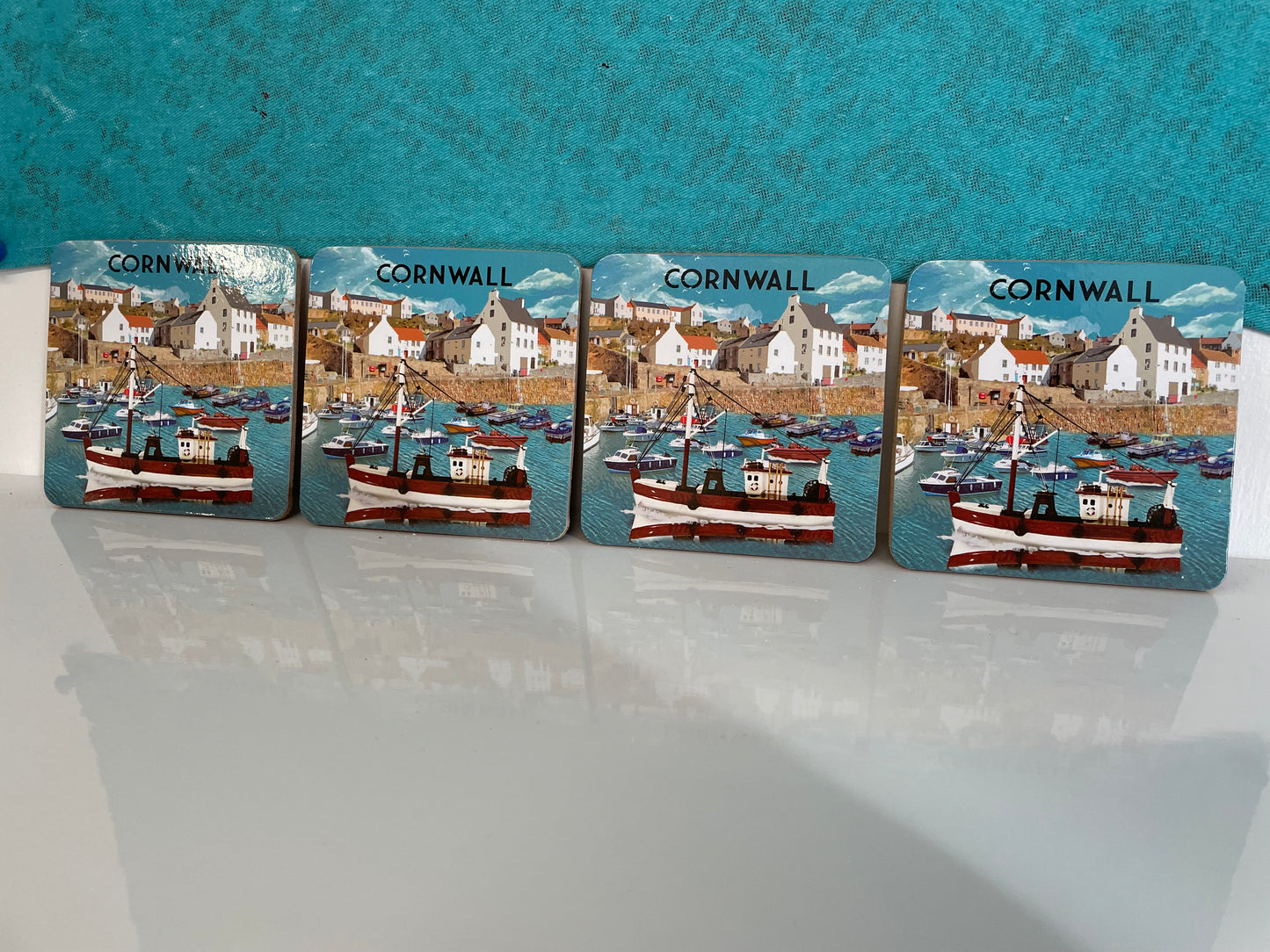 Cornwall harbour tea towel with matching coin purse and 4 coaster gift box set