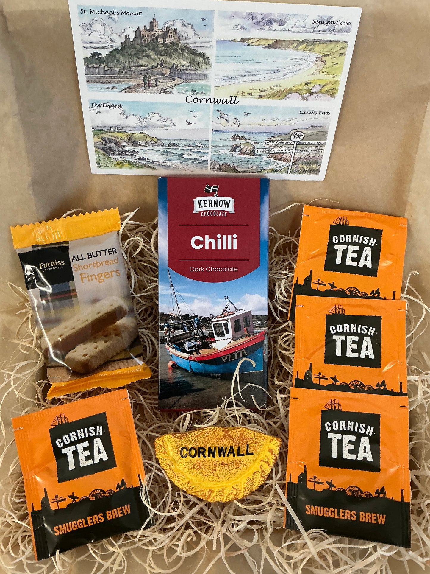 Cornish Chilli dark chocolate Gift box with shortbread and tea or coffee. Choose your fridge magnet style