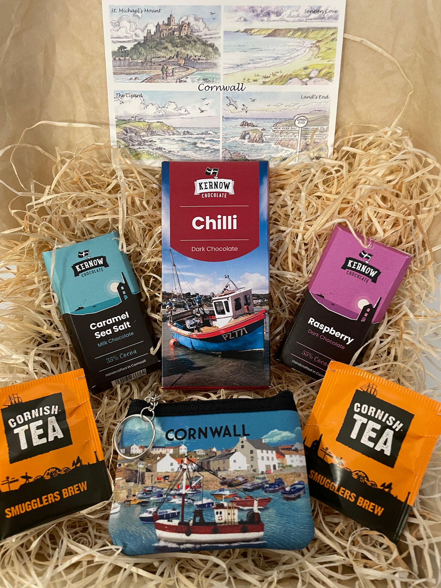 Chilli dark chocolate with raspberry dark chocolate and caramel sea salt chocolate gift box, with cornwall coin purse