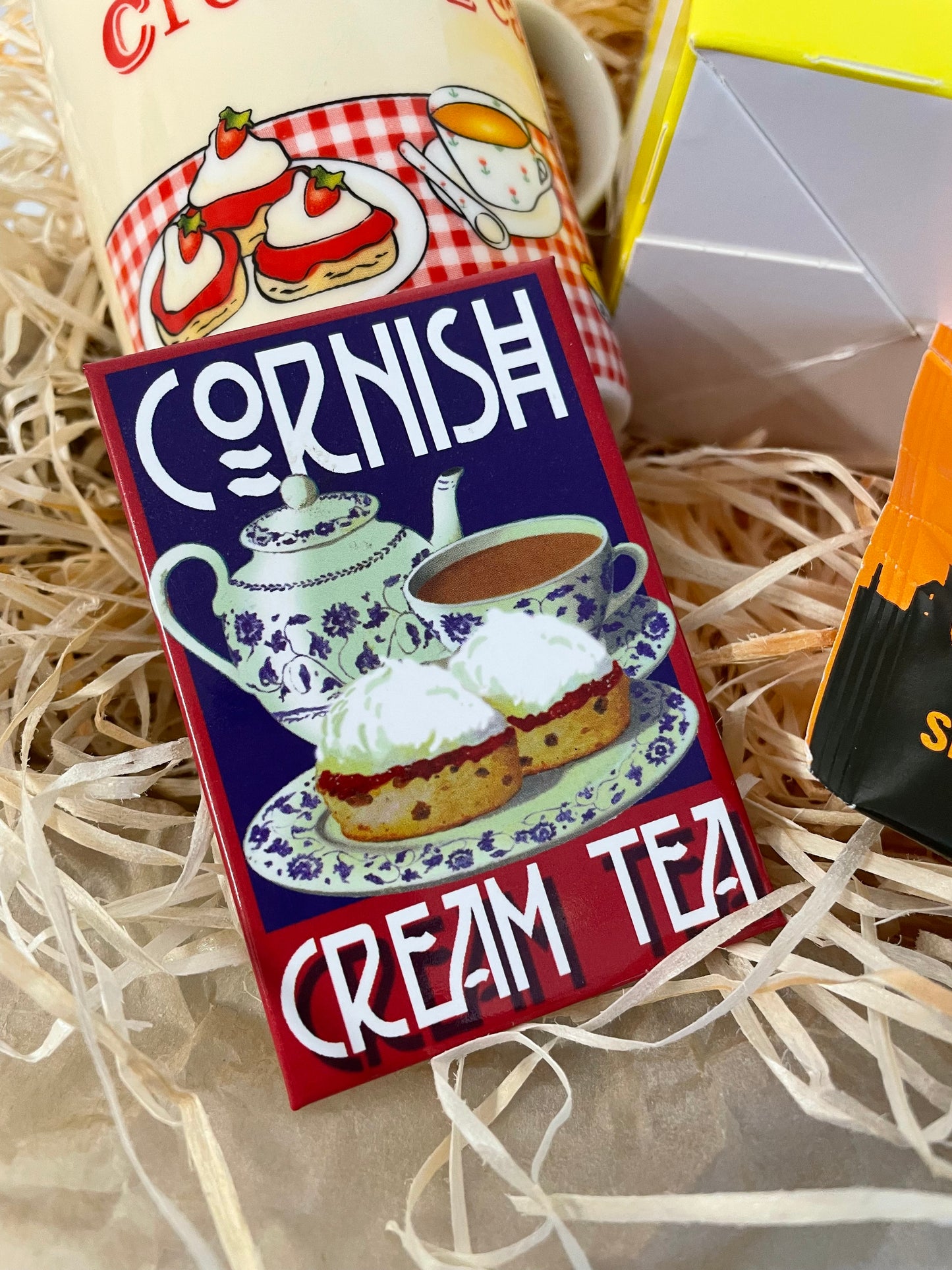 Cornish Cream tea mug and coaster set with Clotted cream shortbread, with a choice of fridge magnet