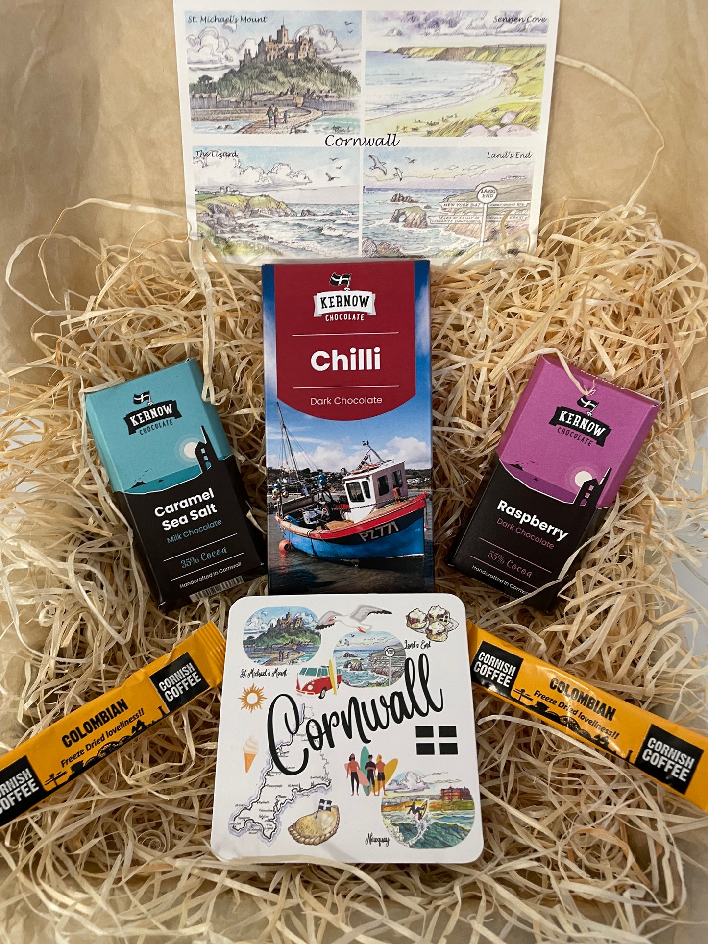 Chilli dark chocolate and raspberry dark chocolate with caramel sea salt chocolate gift box, with cup coaster of your choice