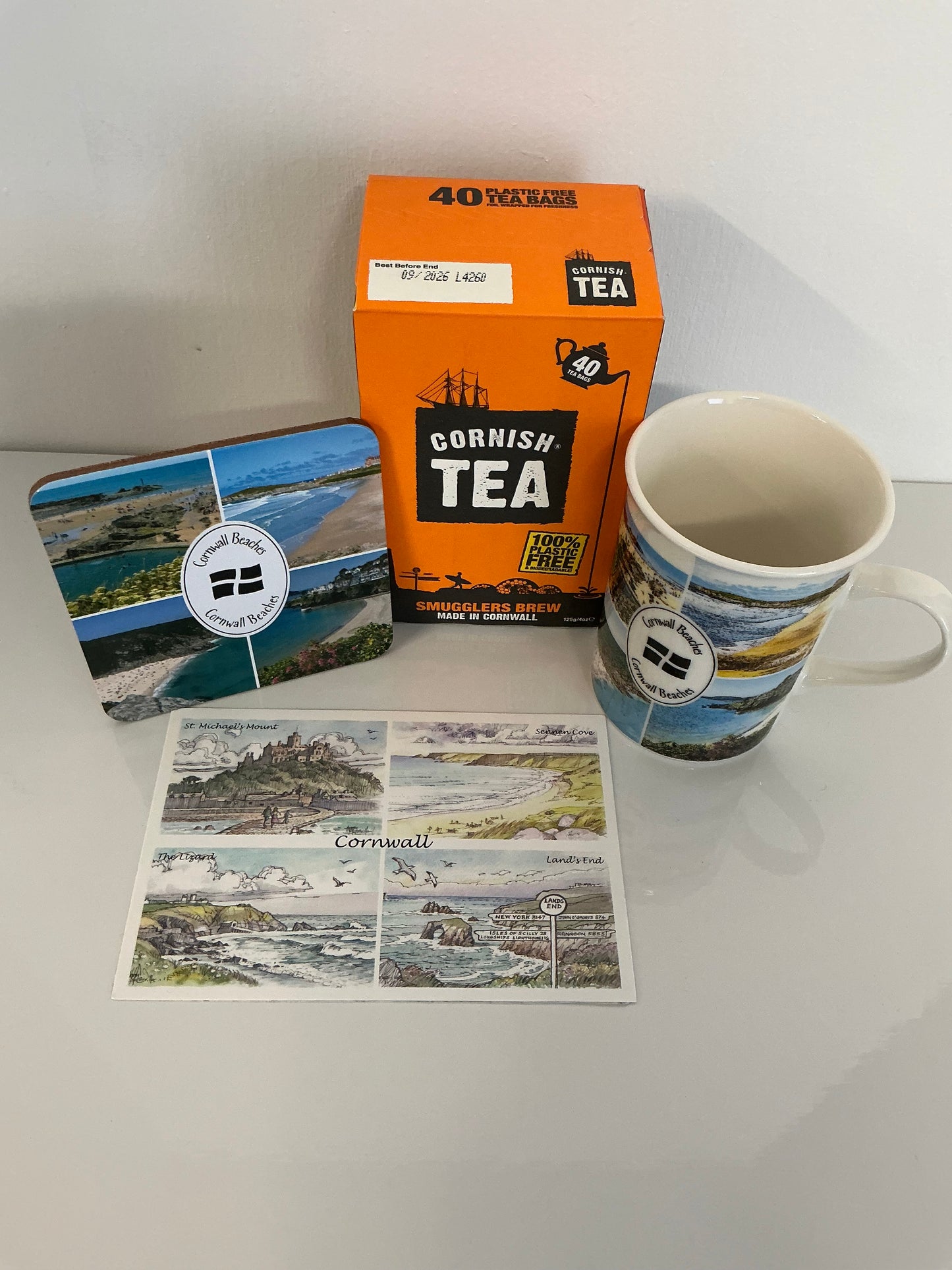 Cornwall beaches mug and coaster gift box with 40 Cornish tea bags