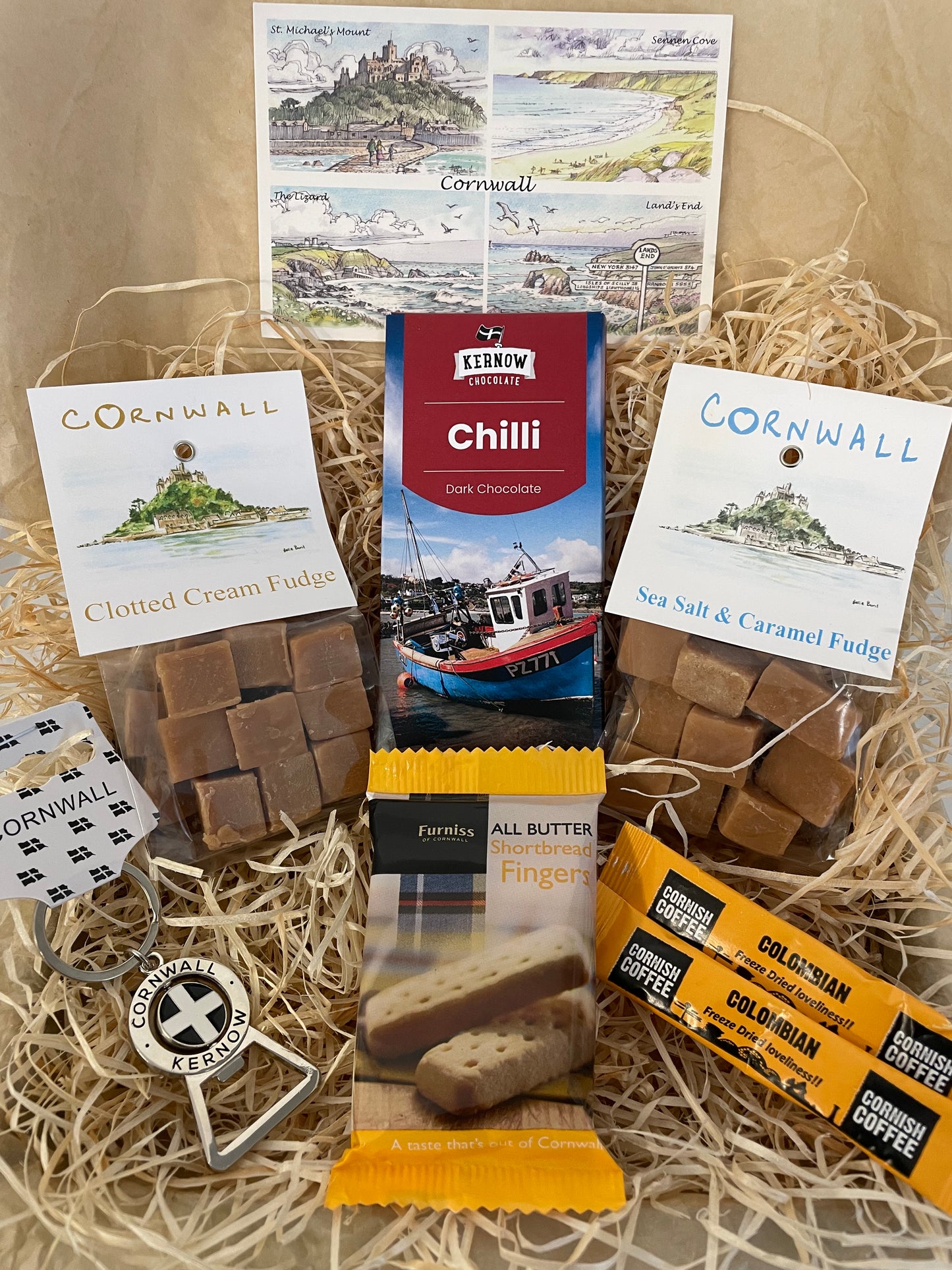 Keyring bottle opener gift box with fudge and chocolate of your choice