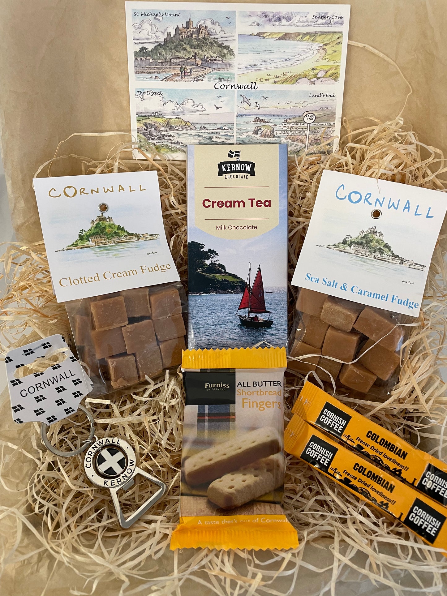 Keyring bottle opener gift box with fudge and chocolate of your choice