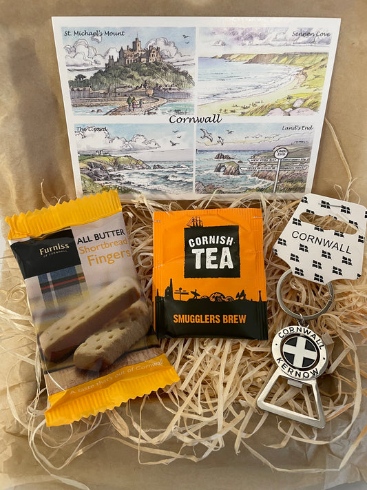 Cornwall bottle opener keyring with shortbread gift box