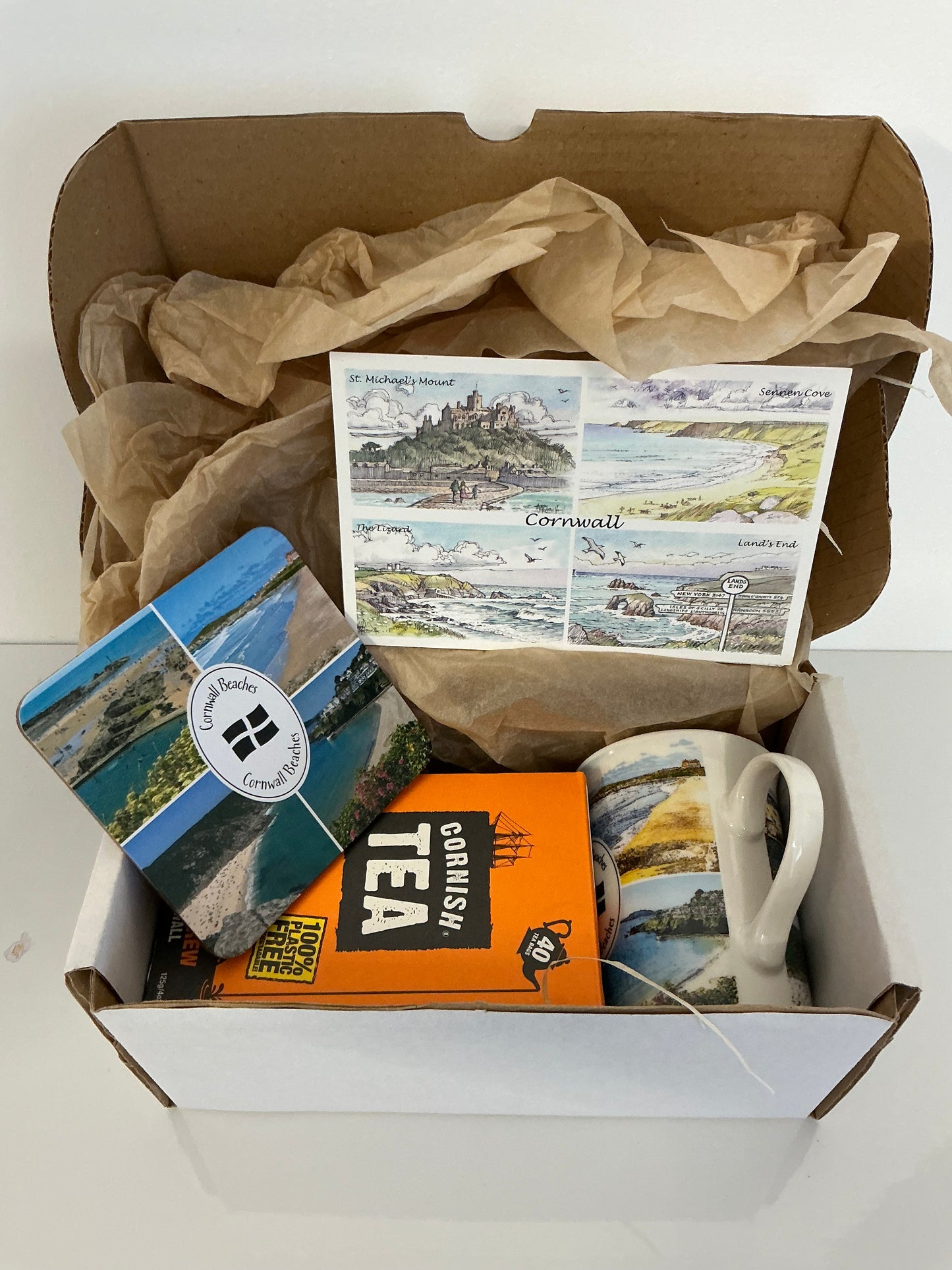 Cornwall beaches mug and coaster gift box with 40 Cornish tea bags