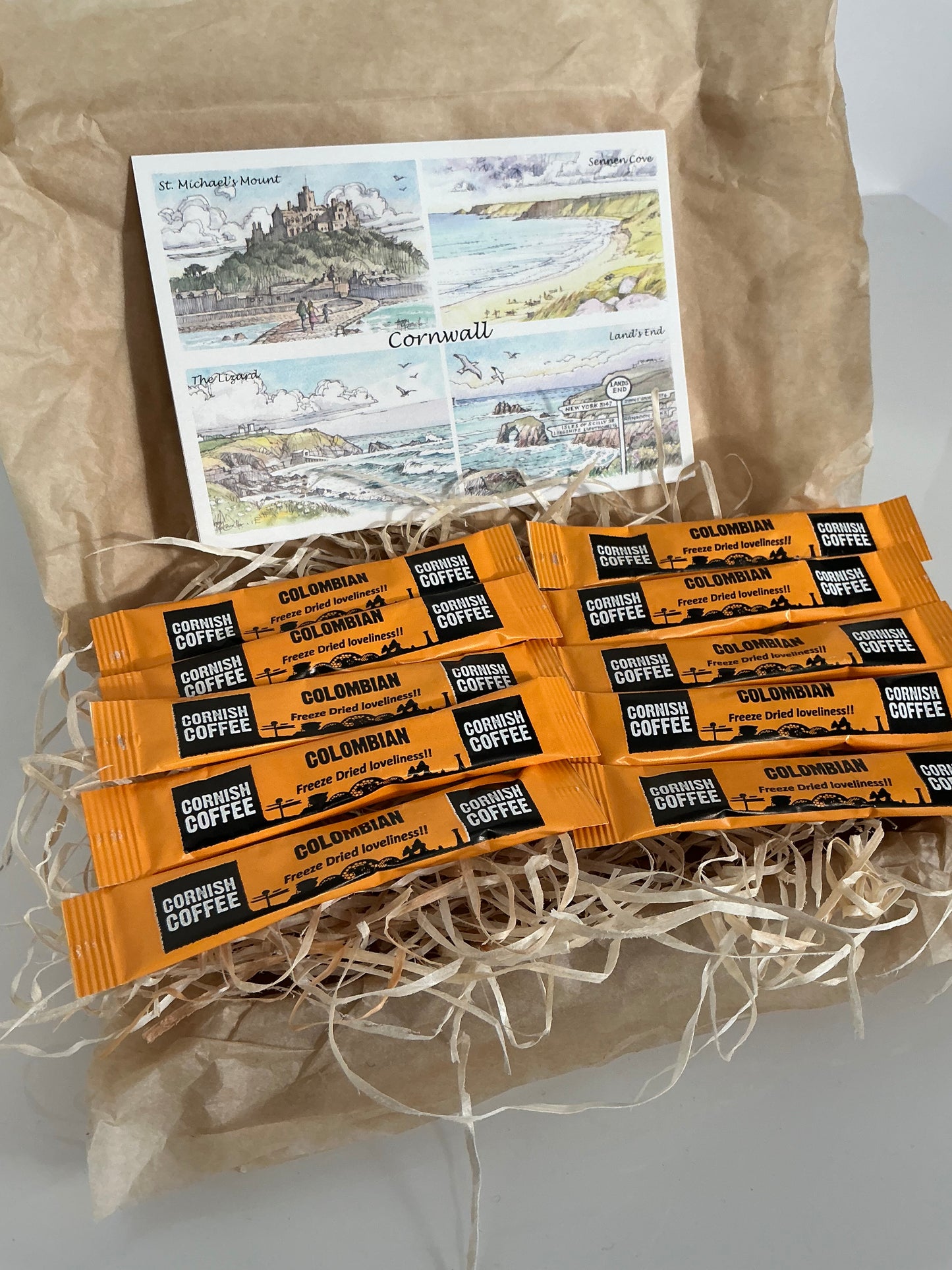 Cornish coffee with personalised Cornwall postcard gift box