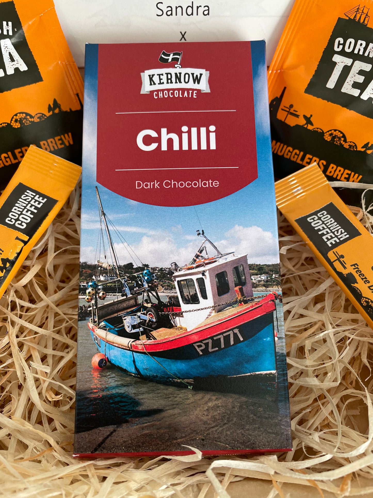 Cornish Chilli dark chocolate with Cornish tea or coffee gift box