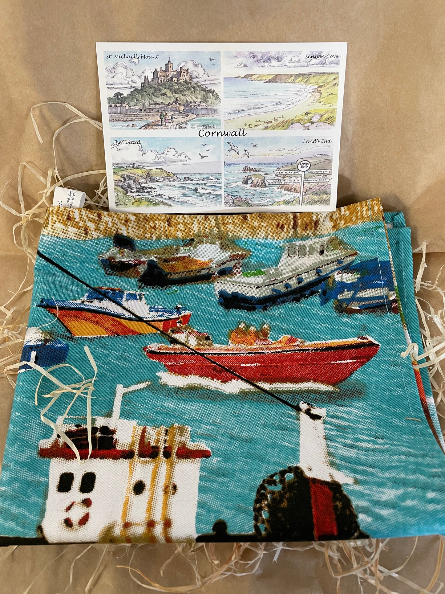 Cornwall harbour tea towel gift box