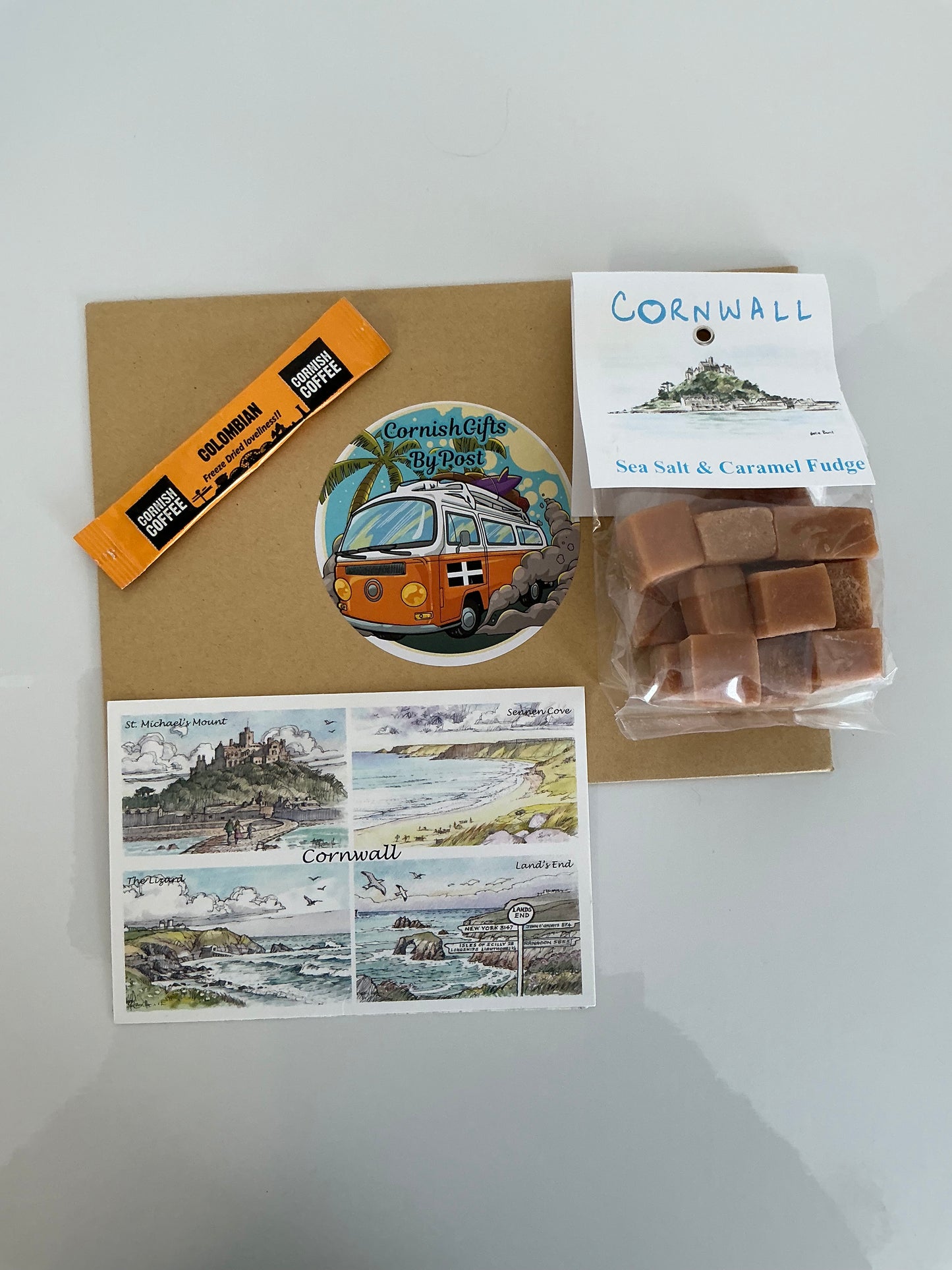 Cornish sea salt caramel fudge 150g with tea or coffee and personalised Cornwall postcard