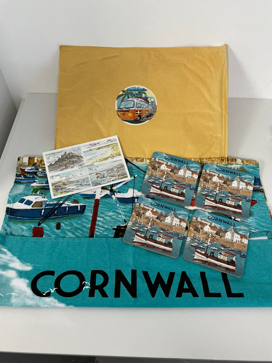 Cornwall tea towel with a set of 4 matching coasters and a personalised Cornwall postcard