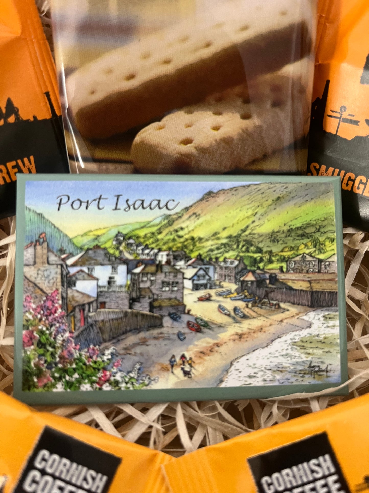 Caramel sea salt chocolate Gift box with shortbread and tea or coffee. Choose your fridge magnet style