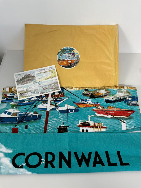 Cornwall tea towel with a personalised Cornwall postcard