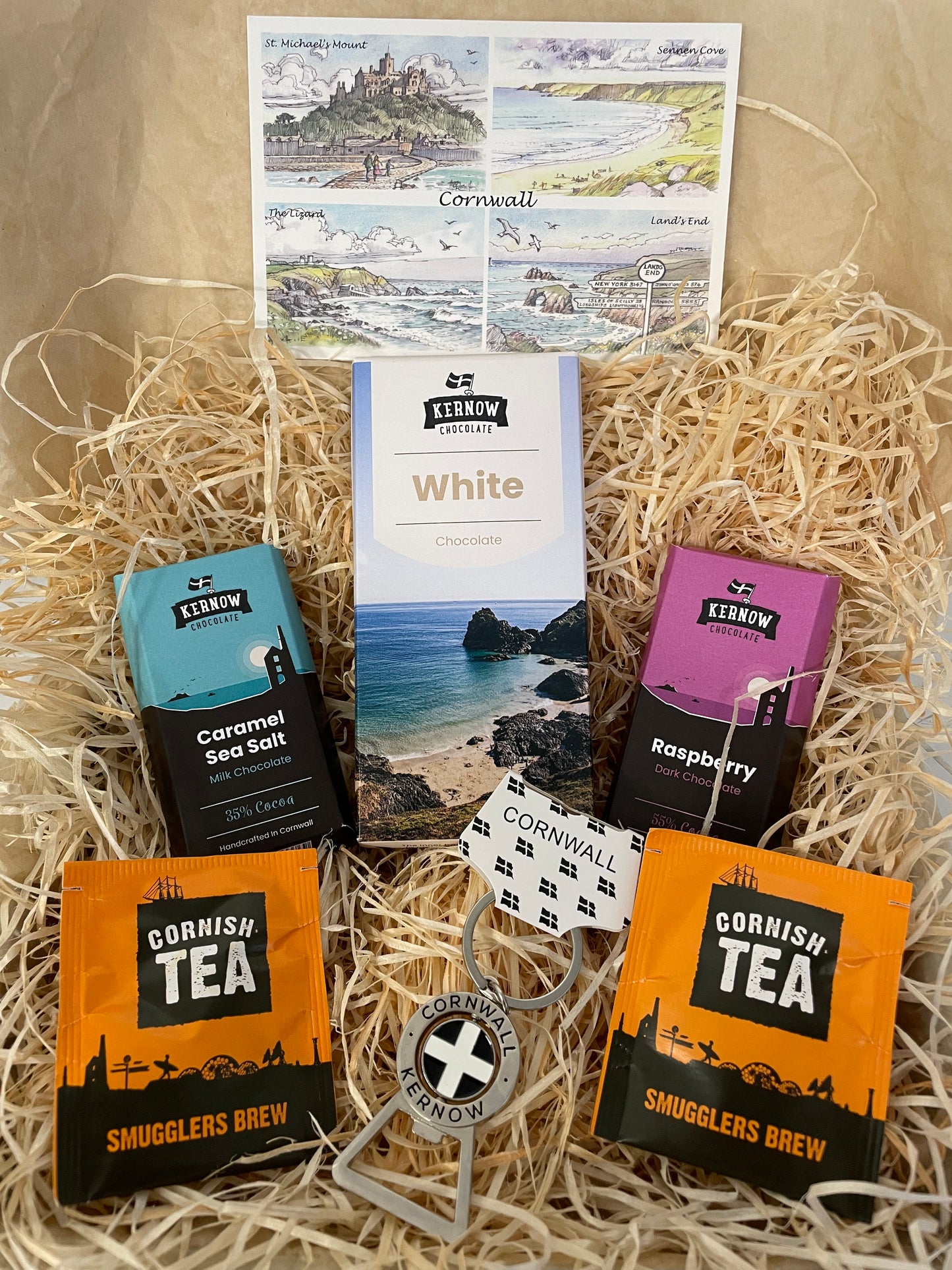 White chocolate with raspberry dark chocolate and caramel sea salt chocolate gift box, with keyring bottle opener