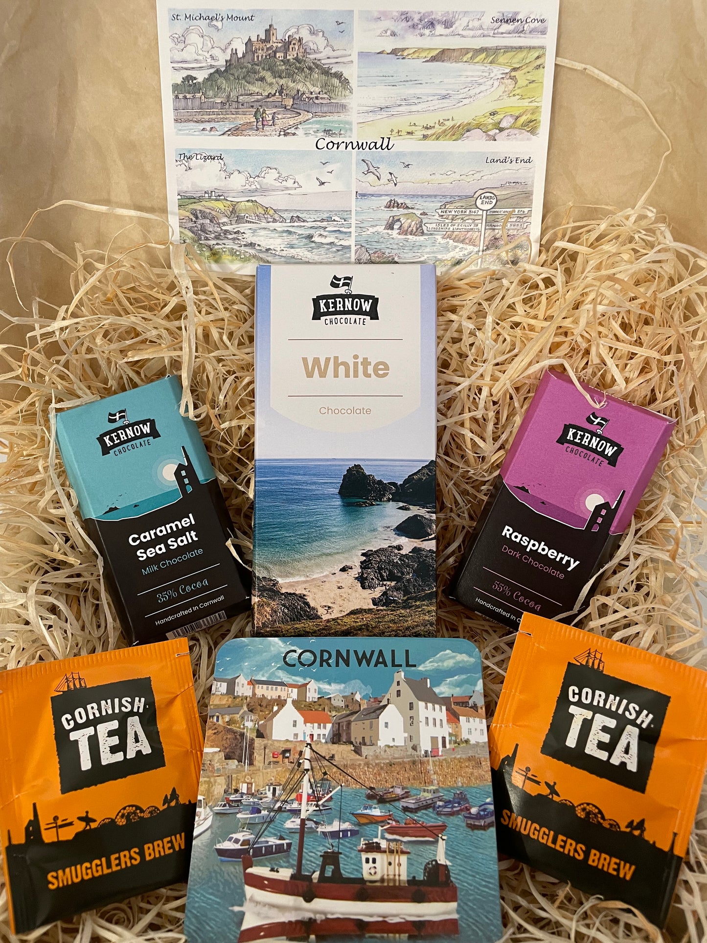 White chocolate with raspberry dark chocolate and caramel sea salt chocolate gift box, with cup coaster of your choice
