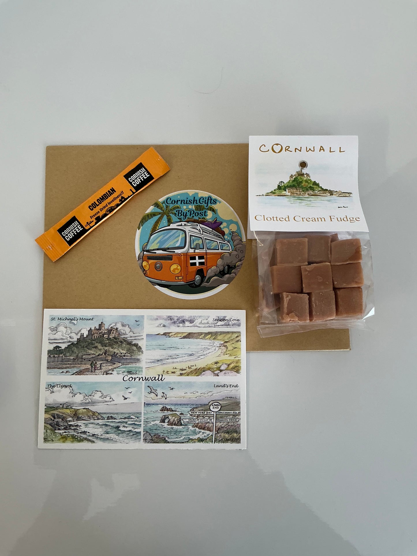 Cornish clotted cream fudge 150g with tea or coffee and personalised Cornwall postcard