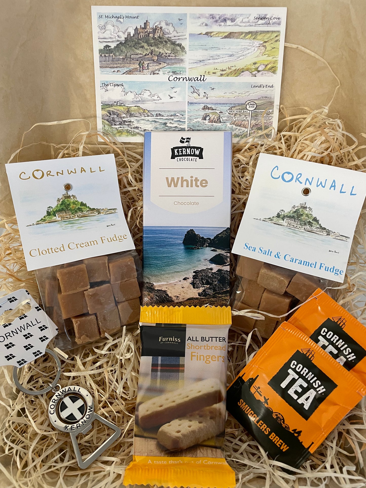 Keyring bottle opener gift box with fudge and chocolate of your choice