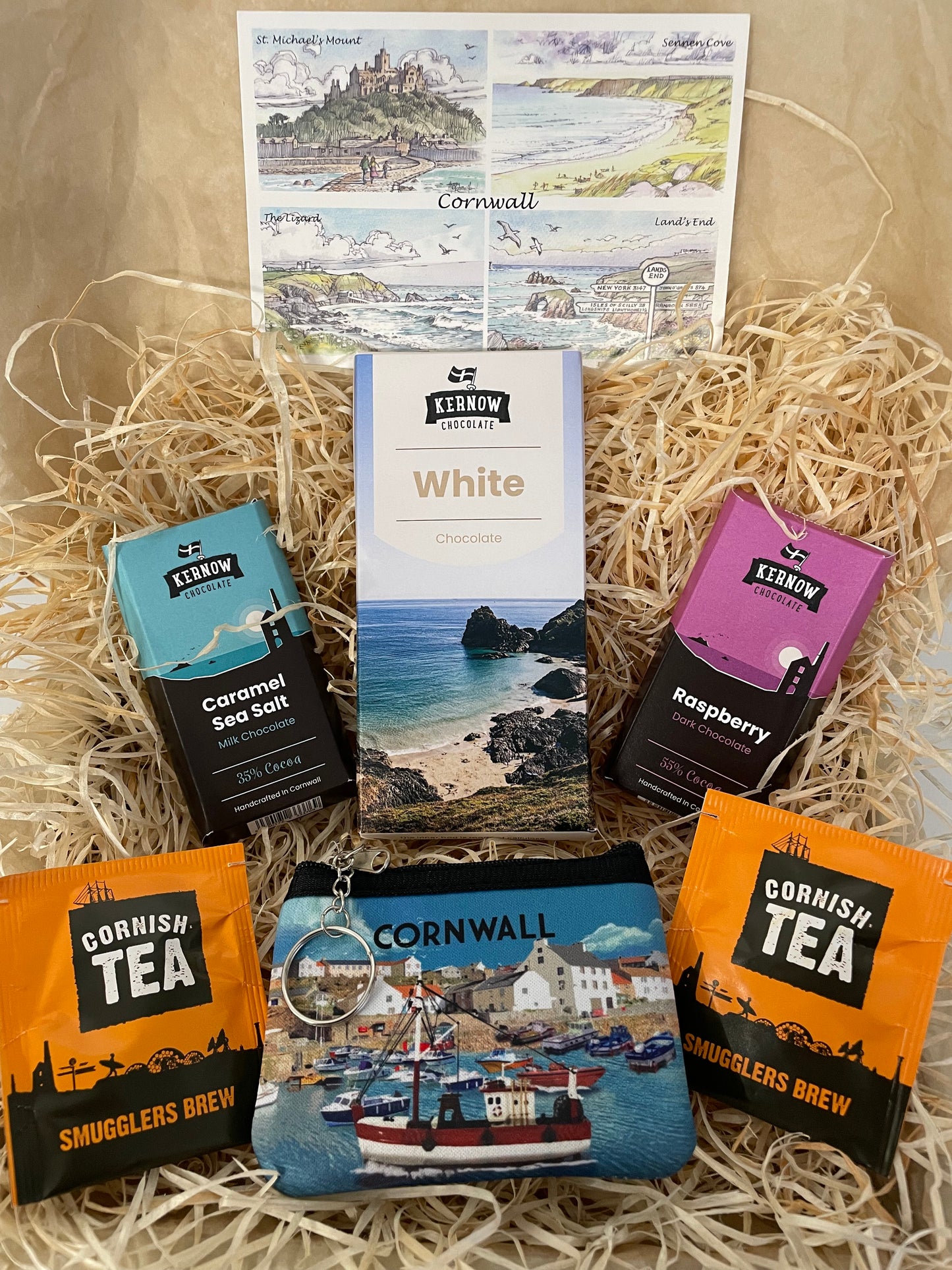 White chocolate with raspberry dark chocolate and caramel sea salt chocolate gift box, with cornwall coin purse