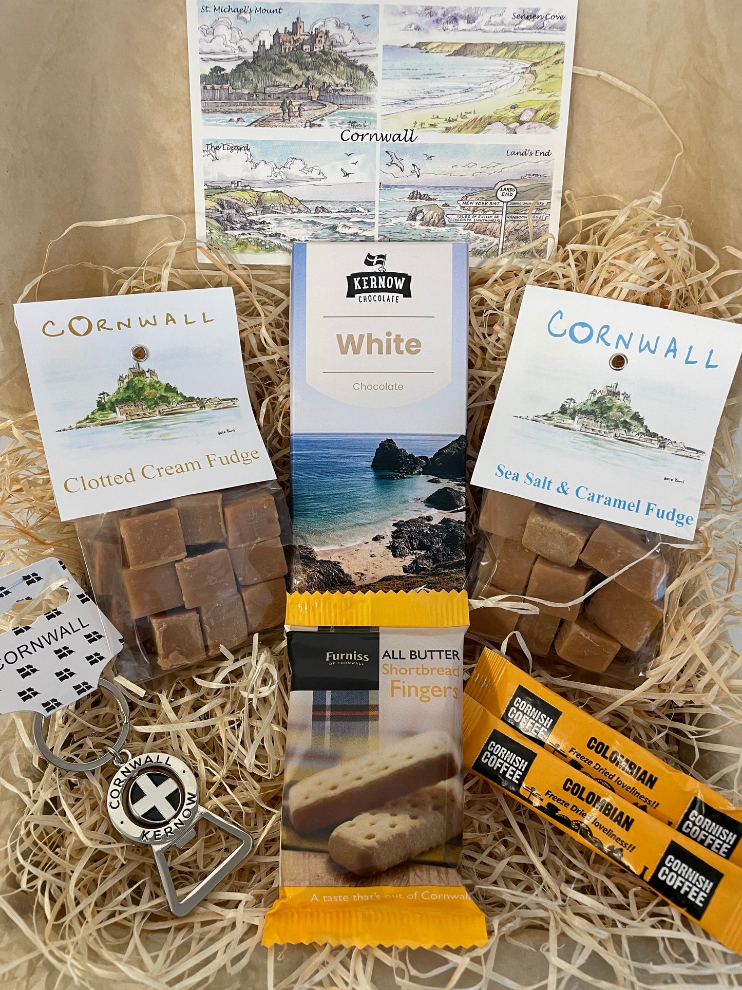 Keyring bottle opener gift box with fudge and chocolate of your choice