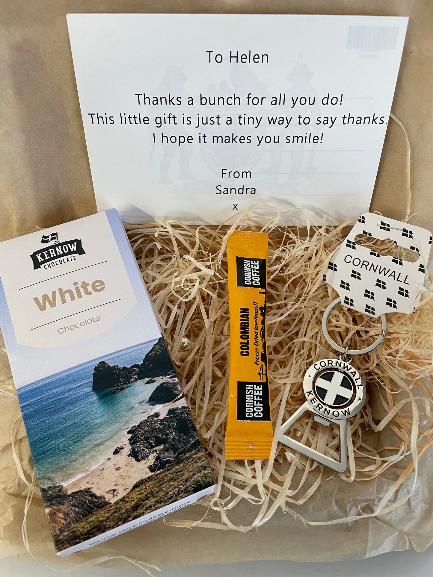 Cornwall bottle opener keyring with white chocolate gift box
