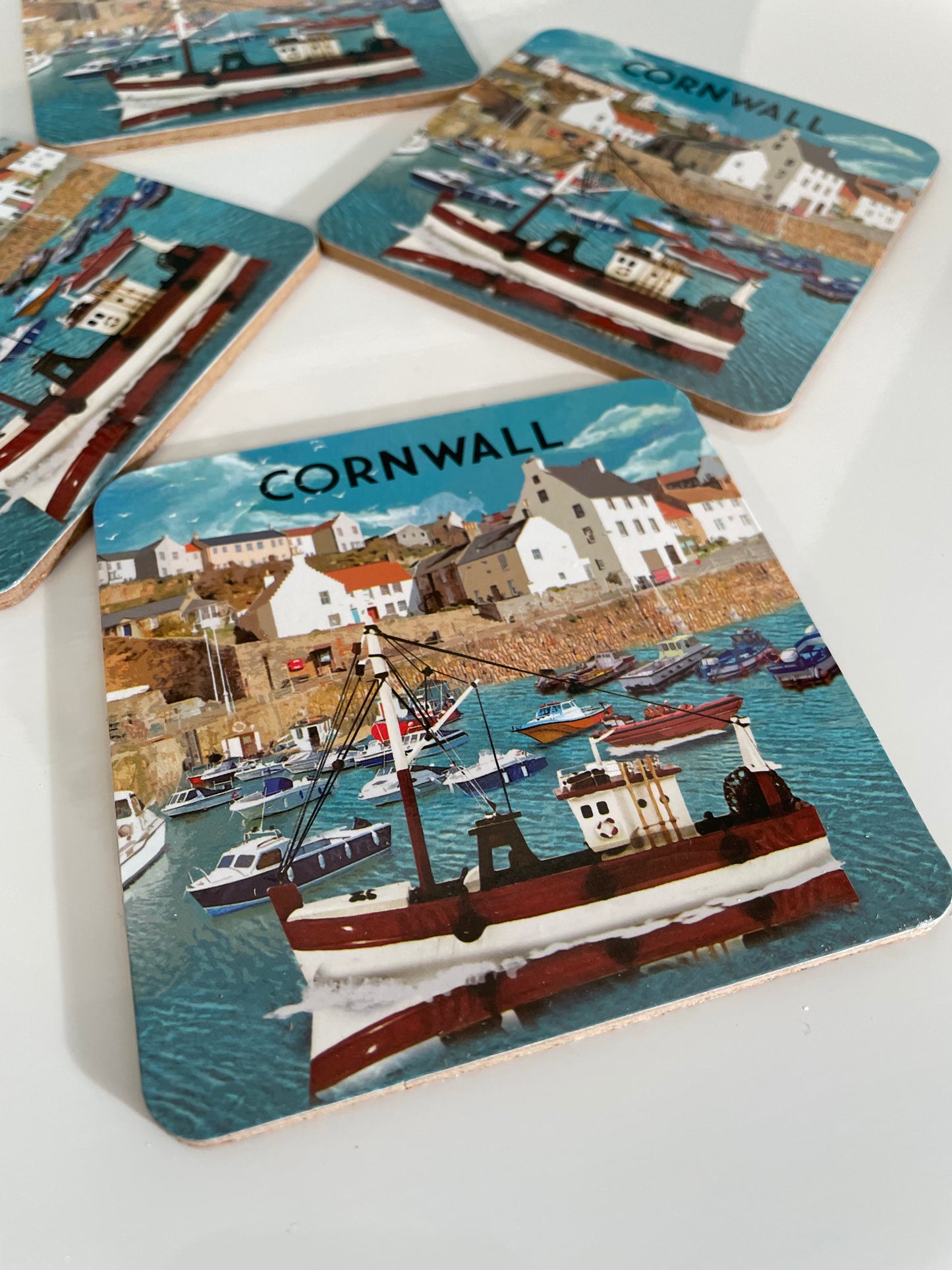 Cornwall harbour tea towel with matching coin purse and 4 coaster gift box set
