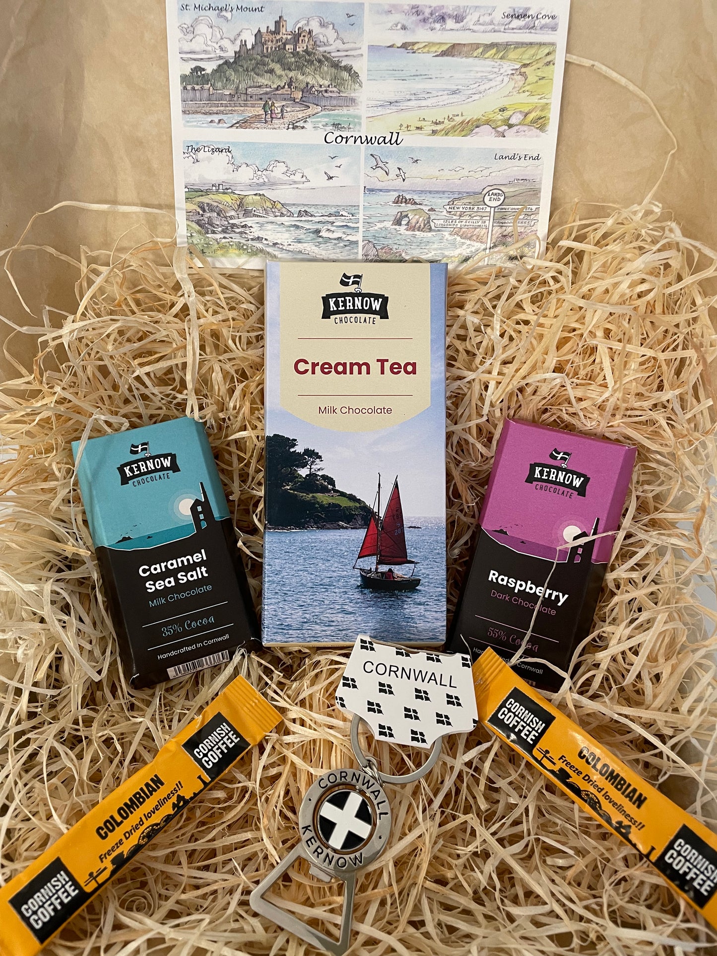 Cream tea chocolate with raspberry dark chocolate and caramel sea salt chocolate gift box, with keyring bottle opener