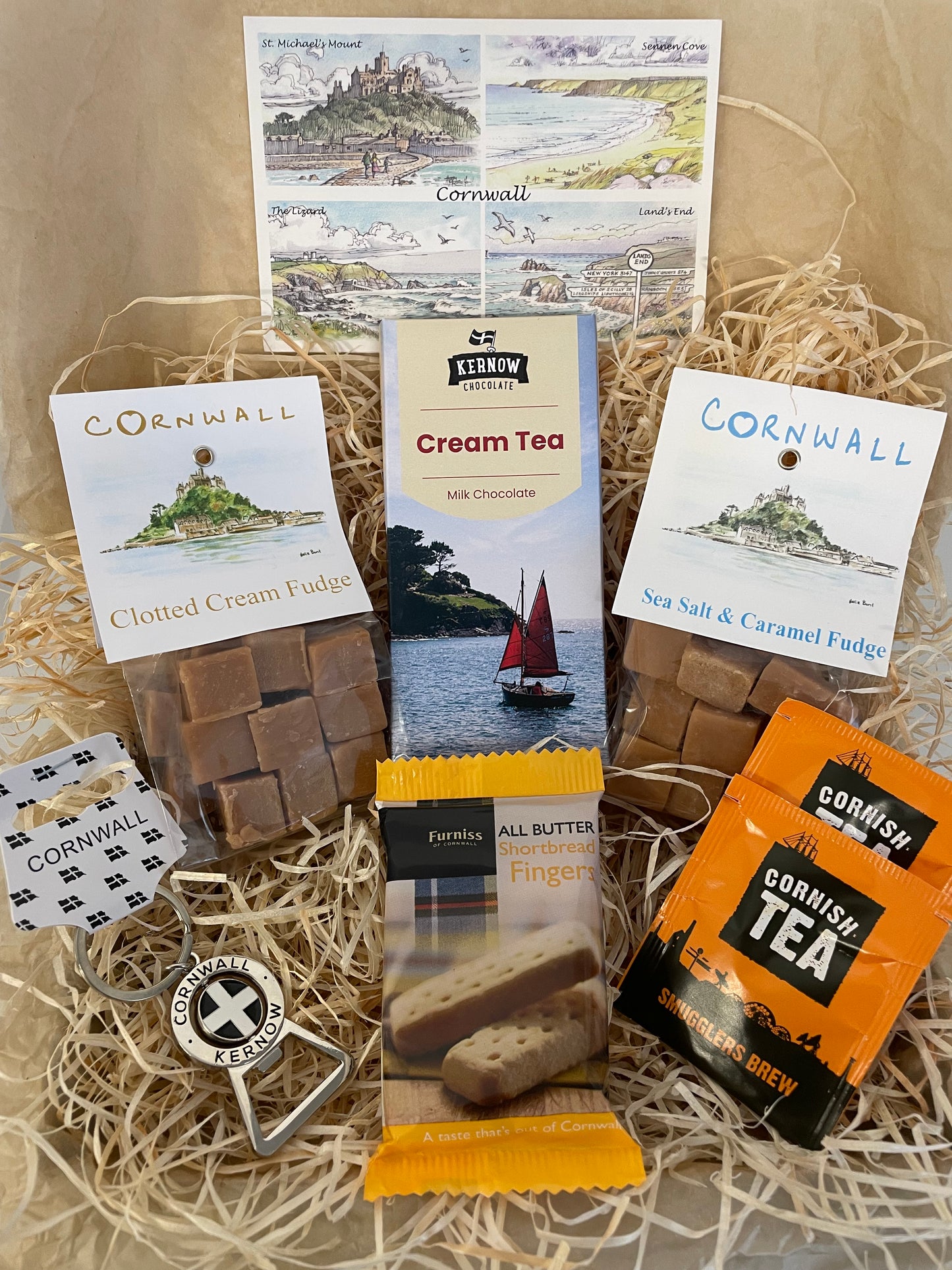 Keyring bottle opener gift box with fudge and chocolate of your choice