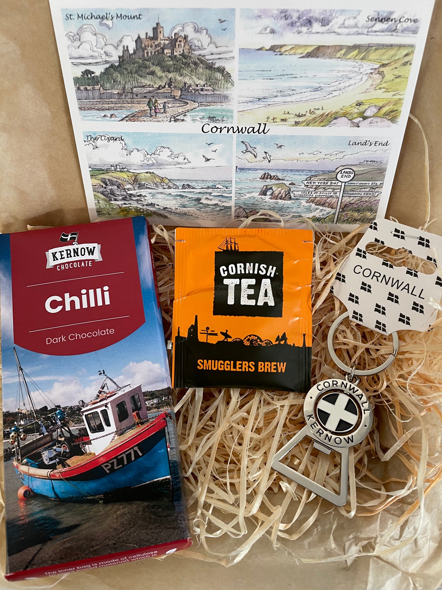 Cornwall bottle opener key ring with chilli chocolate gift box