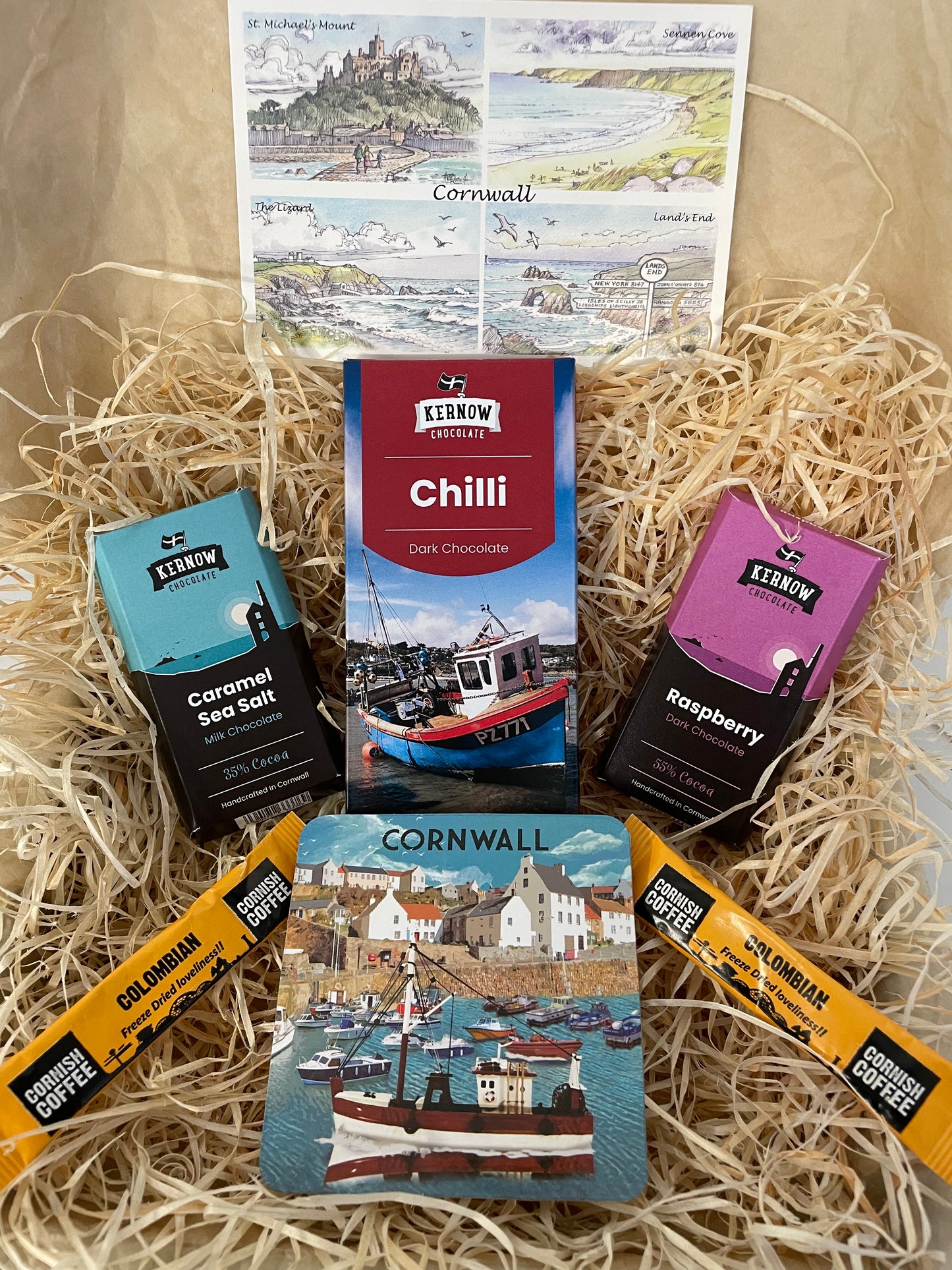 Chilli dark chocolate and raspberry dark chocolate with caramel sea salt chocolate gift box, with cup coaster of your choice