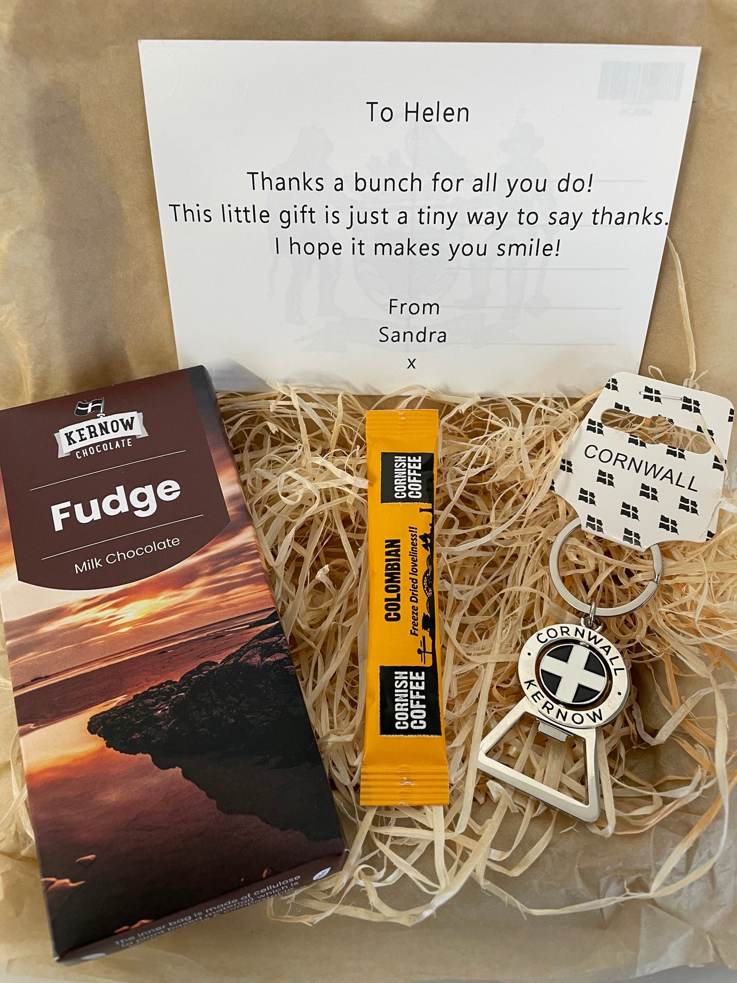 Cornwall bottle opener keyring with fudge chocolate