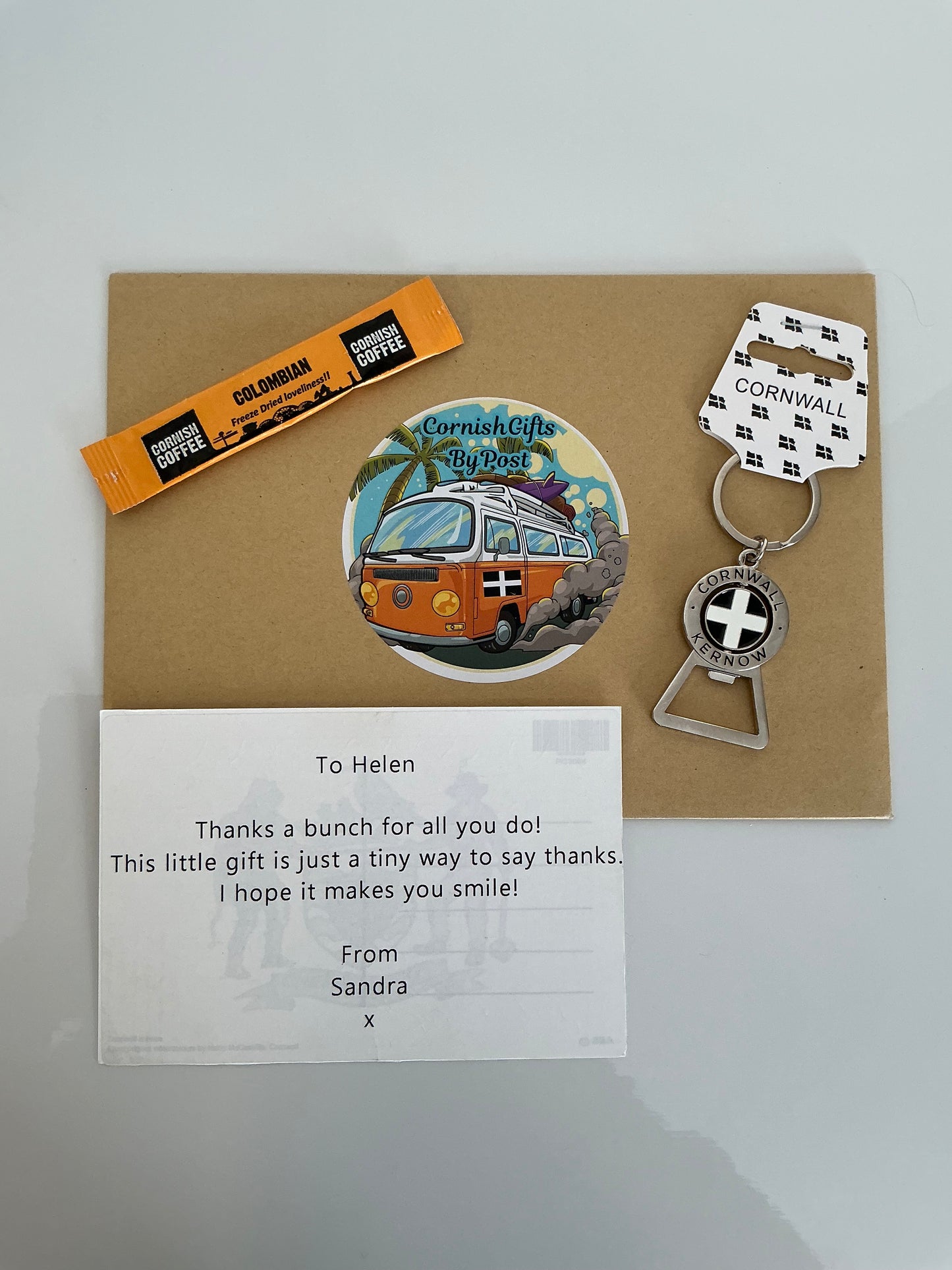 Cornwall bottle opener Keyring with tea or coffee and a personalised Cornwall postcard
