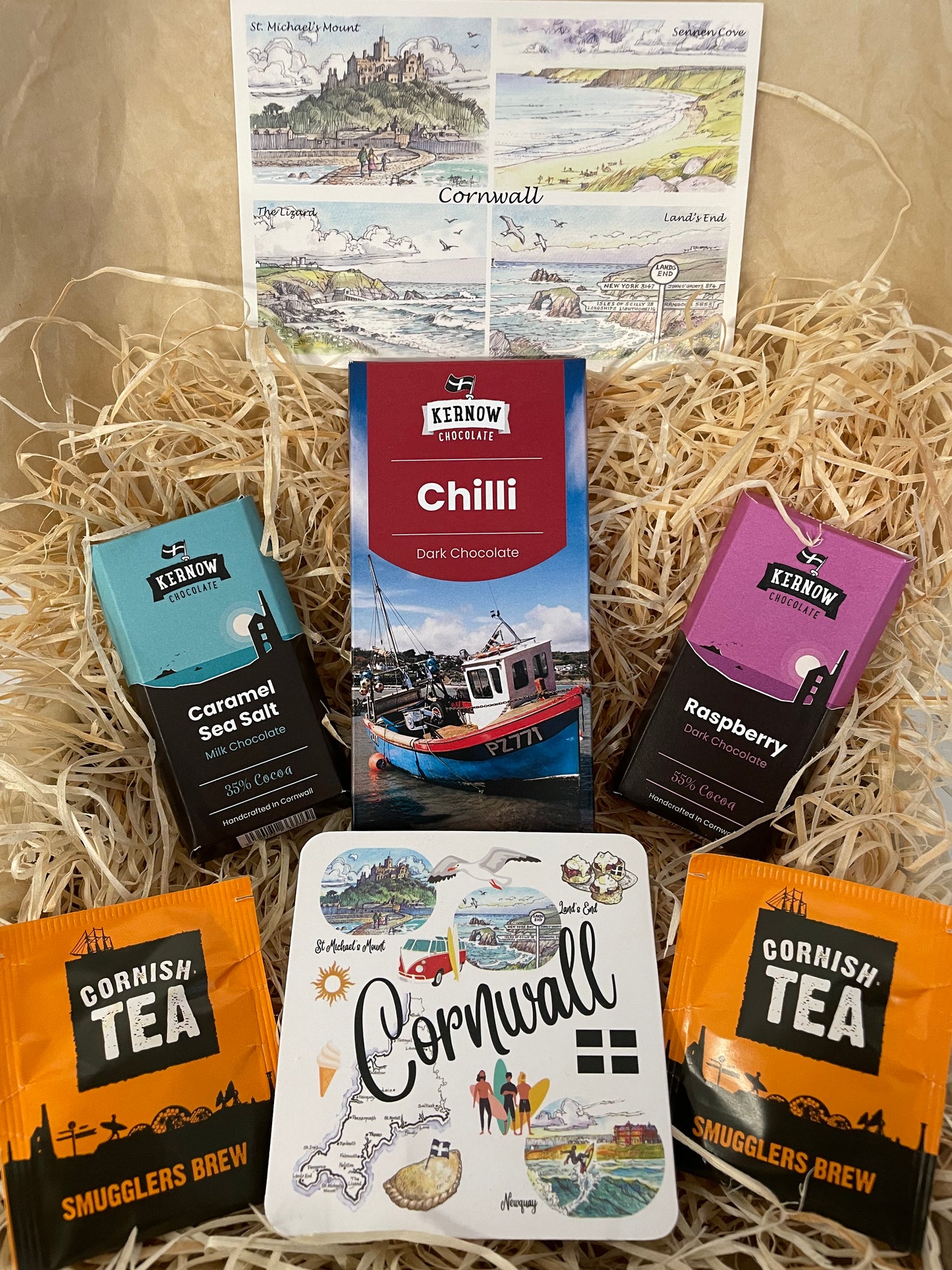 Chilli dark chocolate and raspberry dark chocolate with caramel sea salt chocolate gift box, with cup coaster of your choice