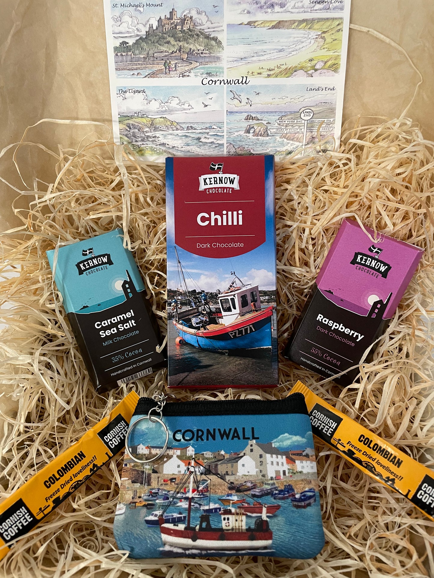 Chilli dark chocolate with raspberry dark chocolate and caramel sea salt chocolate gift box, with cornwall coin purse