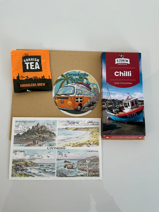Chilli dark chocolate with tea or coffee and a personalised Cornwall postcard
